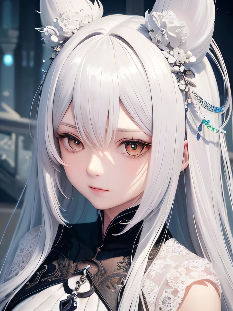 A close up of a person with long, flowing white hair and adorned in a beautiful, intricately detailed dress, reminiscent of a character from Li Chevalier, trending on CG Society. This process art showcases the high-detailed official artwork, revealing each textured strand of hair and the subtle gradient highlights in the dress. The white-haired deity's gentle gaze elsewhere adds an enchanting element to the piece. The anime-inspired portrait exudes cuteness with its detailed digital art style and white, mesmerizing eyes. These captivating elements make this detailed anime character art from Arknights a must-see, along with the key anime art, featuring