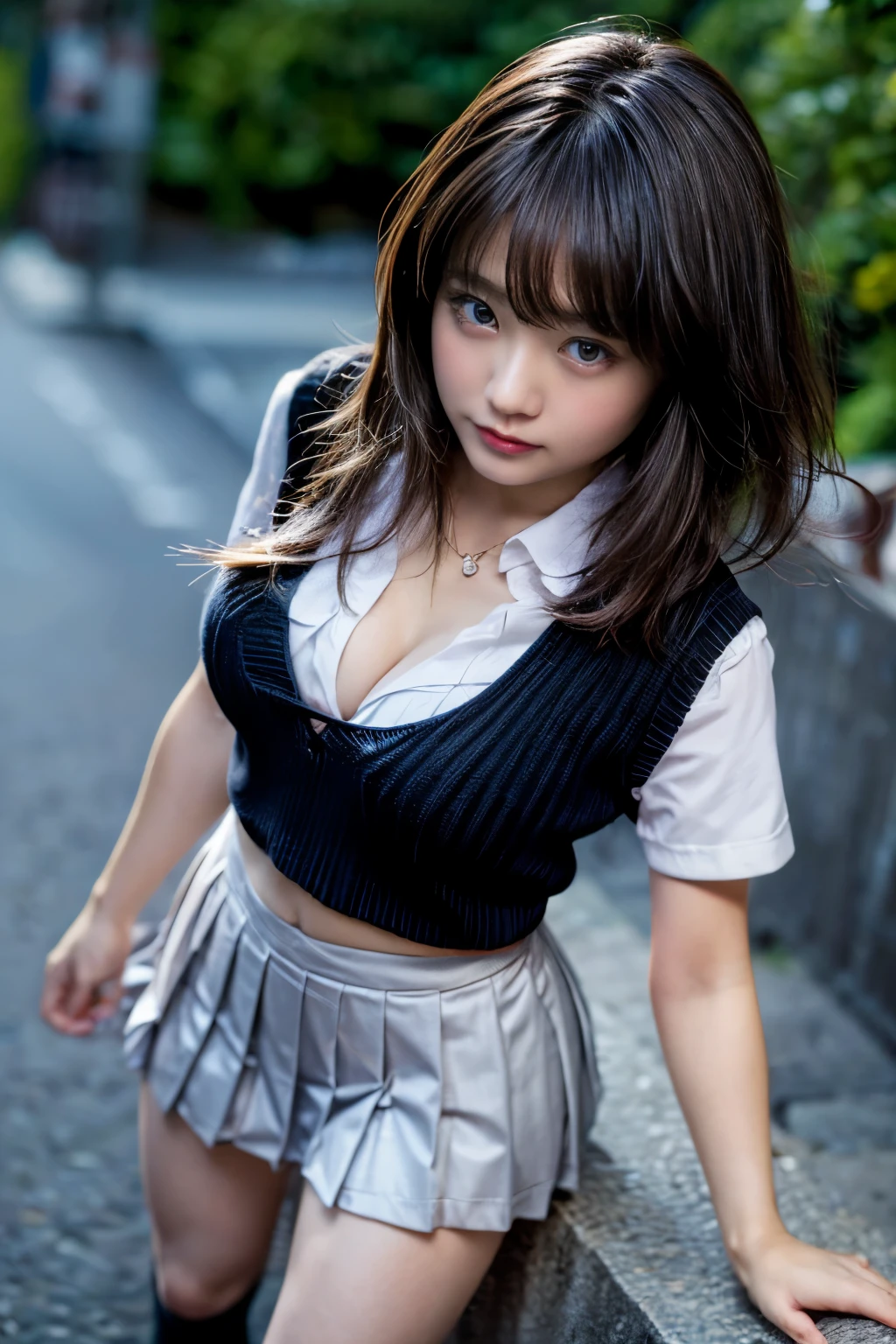 masterpiece, high quality,16k,8K,beautiful,get used to it,exquisite,extremely get used to it, finely get used to it, high quality, insanely get used to it, ultra get used to it, ultra high resolution, high quality, beautiful face, Japanese, NSFW,1girl, extremely cute face, (highly detailed eyes, highly detailed face), (hyper-realistic, hight resolution), (best Quality:1.4), Raw photo, (Realistic, Photorealsitic:1.37), Professional Photography, Cinematic Light, (school uniform, pleated mini skirt:1.5), (Lift up your dress to reveal your bra, outdoor:1.3), city,high detail skin,shiny skin, goosebumps,25 yo, (low twintales:1.7),(High viewing angle looks down from above:1.3),shyexpression,(Blushing:1.5),Arching the back,little smile