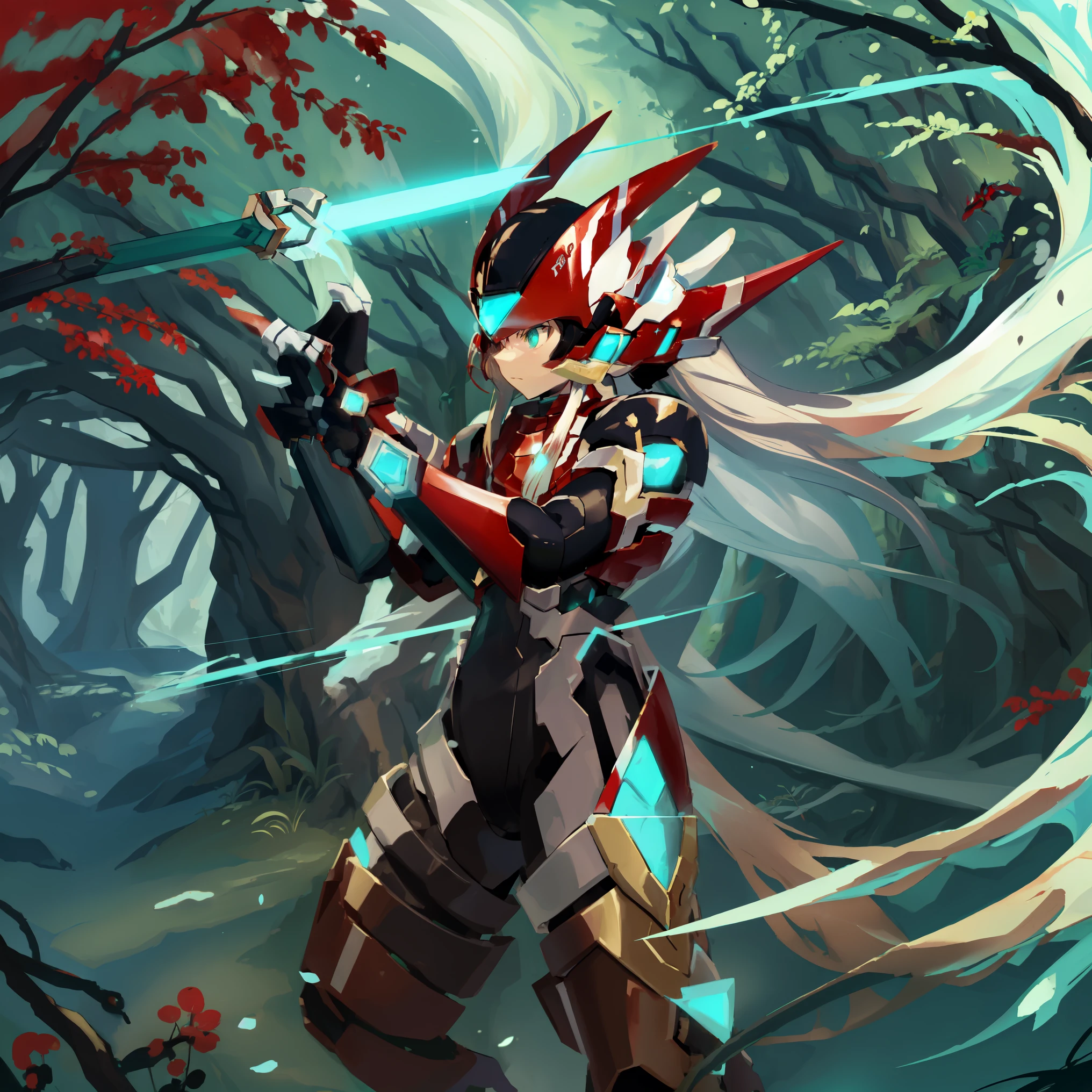 megzeromyth2023, 1boy, long white hair, red armor, green energy sword, high quality, masterpiece, in a dark forest looking out at a waterfall, in the style of ultra detailed, dark cyan and light bronze, eye-catching tags, physically based rendering, depictions of inclement weather, heavy shading, landscape inspirations