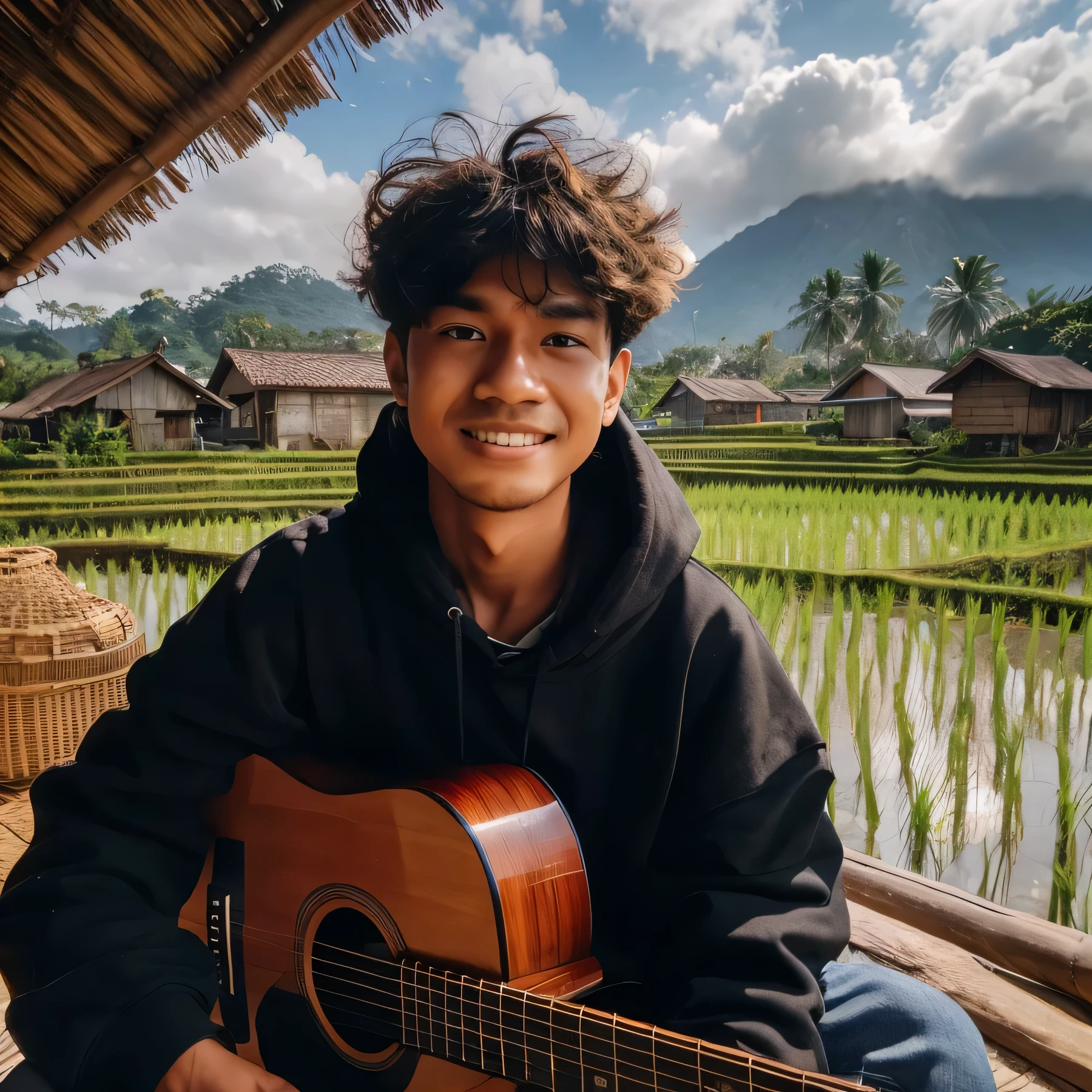 Indonesian male teenager, 20 years old, messy hair, wearing a black hoodie, sitting in a hut in the rice fields, holding a guitar, smiling and in the background, rice fields, houses, high mountains, bright blue sky in the afternoon, photographed using a Samsung Galaxy S23 cellphone with pro camera settings "ISO between 100 to 200 shutter speed 1/100, automatic white balance, ultra realistic, keyword Photography Secangkir Teh, real footage