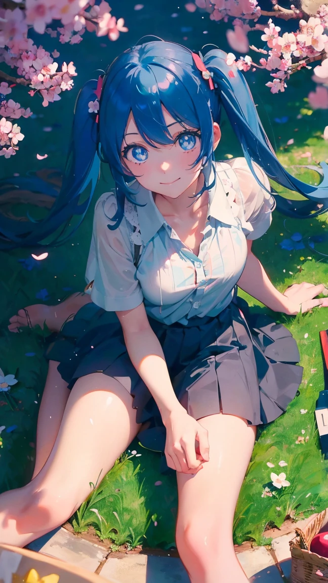1 anime girl, alone,Black petals flutter, A mysteriously shining butterfly.city,Hatsune Miku,bright blue hair,bright blue jewel eyes,twin tails,thin legs,very clear,highest quality,close up of face,Many cherry blossoms dance in the sky,beautiful blue sky,the middle of rows of cherry trees,lots of water droplets,Stretching your legs in the meadow,Look up at the sky,barefoot,picnic,smile