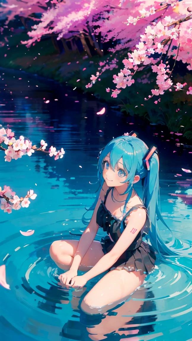 1 anime girl, alone,Black petals flutter, A mysteriously shining butterfly.city,Hatsune Miku,bright blue hair,bright blue jewel eyes,twin tails,thin legs,very clear,highest quality,close up of face,Many cherry blossoms dance in the sky,beautiful blue sky,the middle of rows of cherry trees,lots of water droplets,Stretching your legs in the meadow,Look up at the sky,barefoot,picnic,smile