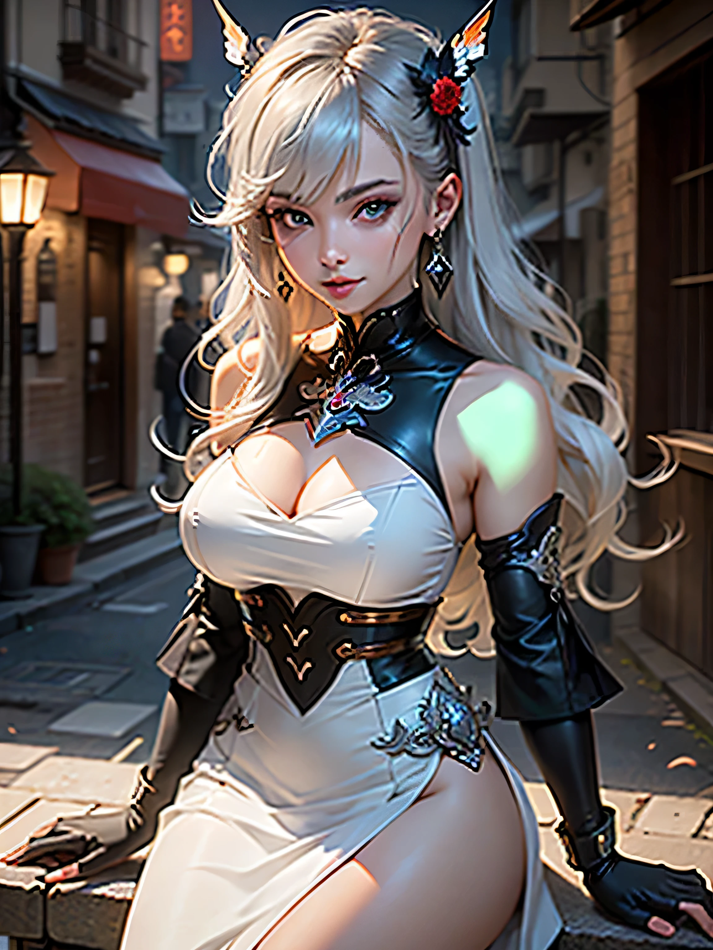 Samurai, (Realistic painting style:0.9), masterpiece, best quality, absurdres, looking at viewer, solo, bronya zaychik (silverwing n-ex), bronya zaychik, red pupils, 1girl, solo, breasts, long hair, dress, grey hair, cleavage, looking at viewer, smile, closed mouth, bangs, grey eyes, jewelry, single glove, earrings, white dress, gloves, bare shoulders, sleeveless dress, drill hair, sleeveless, single sleeve, hair between eyes, large breasts, twin drills, white sleeves, hair ornament, single pauldron, city, night