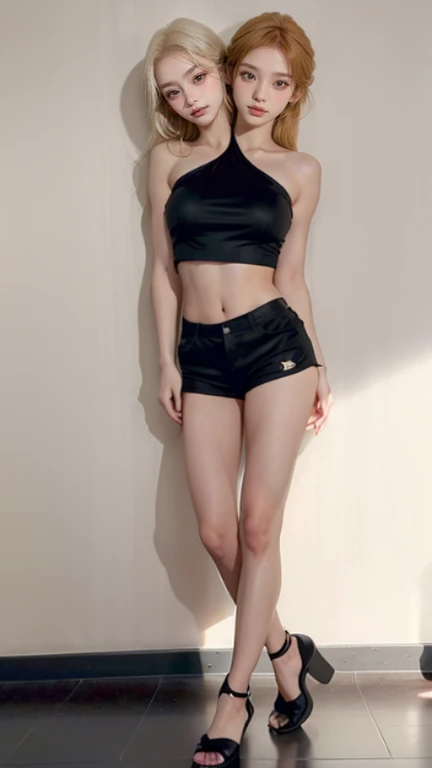 best resolution, 3 heads, Australian girl Instagram model three heads, 19 years old, youthful, standing on a ledge with her legs crossed, full body cute young lady, wearing a black cropped tank top, she is wearing a black tank top, wearing a cropped black tank top, pretty face with arms and legs, 19-year-old female model, tight black tank top and shorts, blonde, white halter top, profile shot, blonde hair, red hair, black hair, different hair colors, full-body view, full body shot