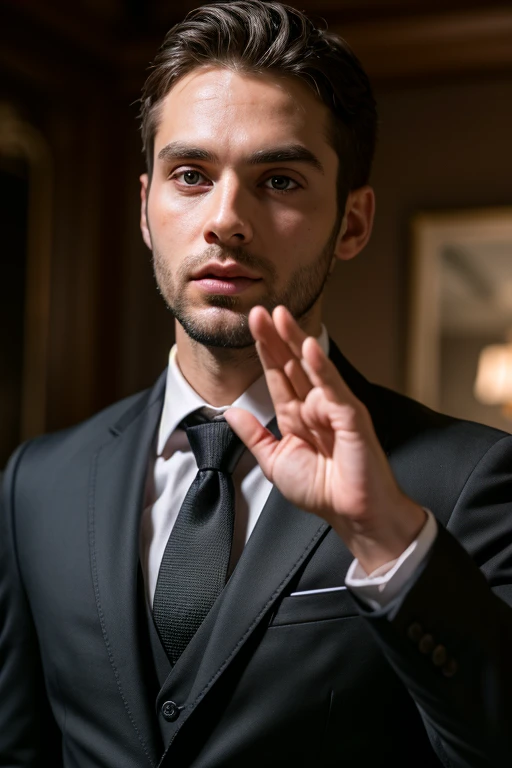 ((best quality:1)), ((masterpiece:1.2)), (detailed:1.2), perfect face, ((30 years old MAN standing in black suit and tie)), ((namaste hand pose)), look at the viewer, 8k, realistic photo, movie photo, ultra realistic, 1 person, detailed, Perfect lighting, DSRL, professional photo, 4k