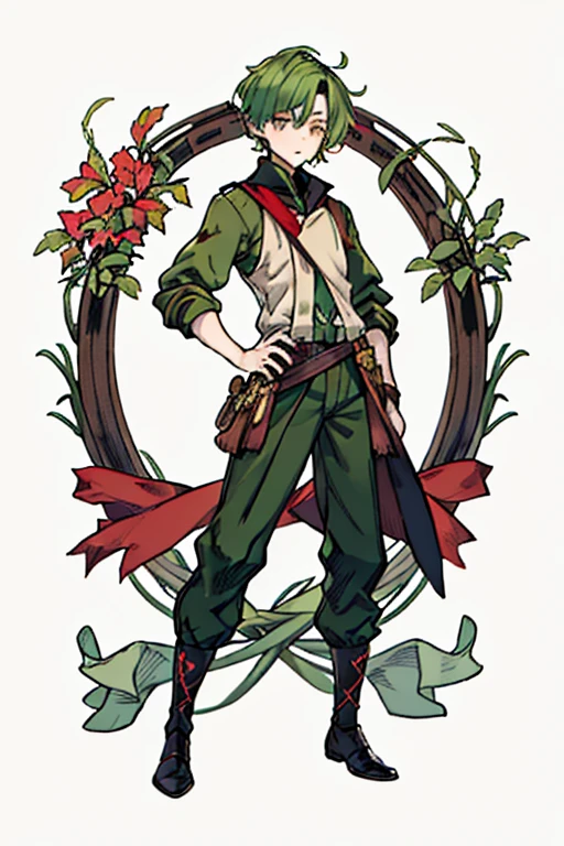 (1 boy, immature man: 1.1), alone, (Small face contour, golden eyes), Charm), (very short hair: 1.8, green hair; 1.0), wearing a red bandana on his head, (Dark green jersey), simple background、Draw the whole thing、full body illustration