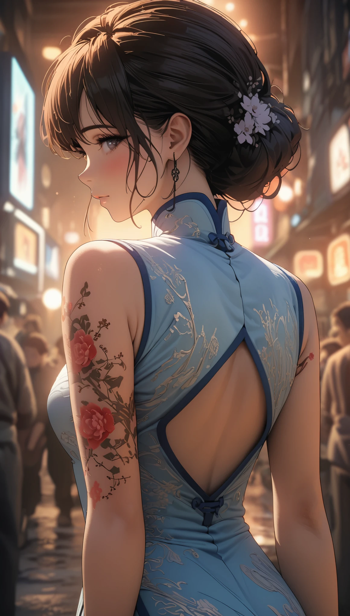 official art, unified 8k wallpaper, Super detailed, Beautiful and beautiful, masterpiece, best quality,sleeveless cheongsam,Beauty close-up,Turn your back to me,Look back at me,Flower tattoo on arm,Hojoji manga art style,Neon special effects,movie lighting,8k,best quality,masterpiece,OC renderer,