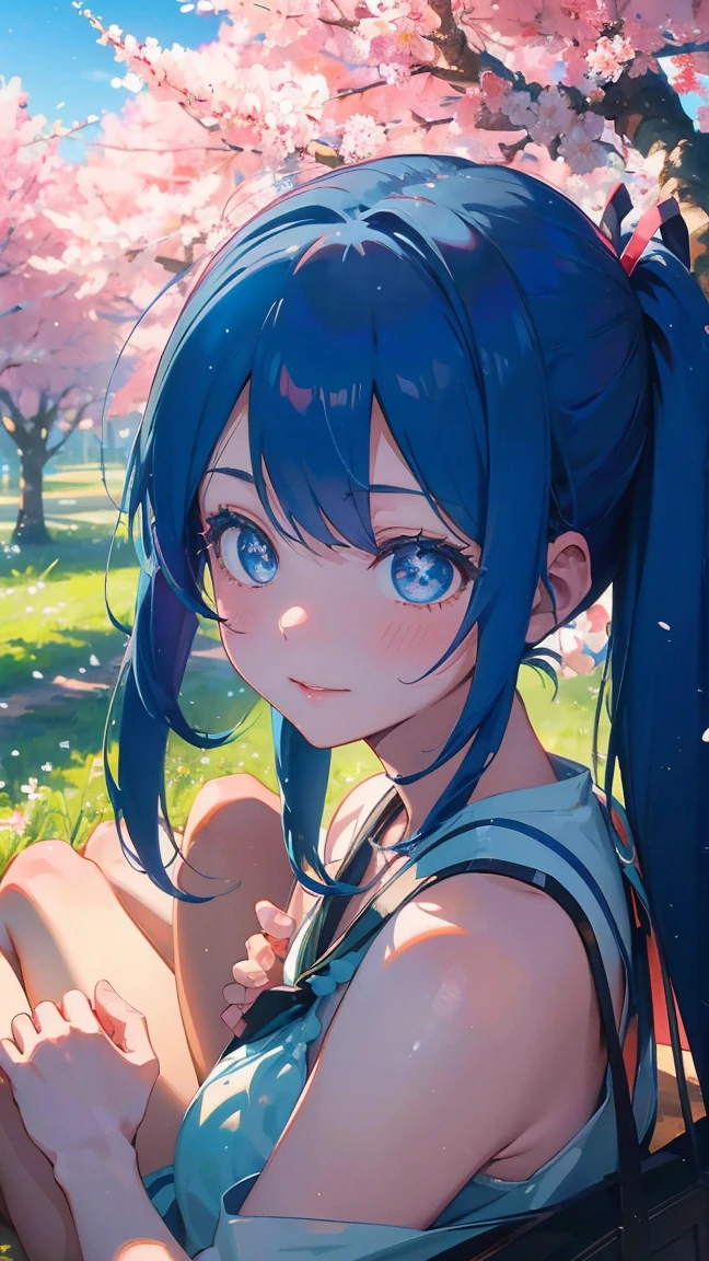 1 anime girl, alone,Black petals flutter, A mysteriously shining butterfly.city,Hatsune Miku,bright blue hair,bright blue jewel eyes,twin tails,thin legs,very clear,highest quality,close up of face,Many cherry blossoms dance in the sky,beautiful blue sky,the middle of rows of cherry trees,lots of water droplets,Sleeping in the steppe,Look up at the sky,barefoot,picnic,smile