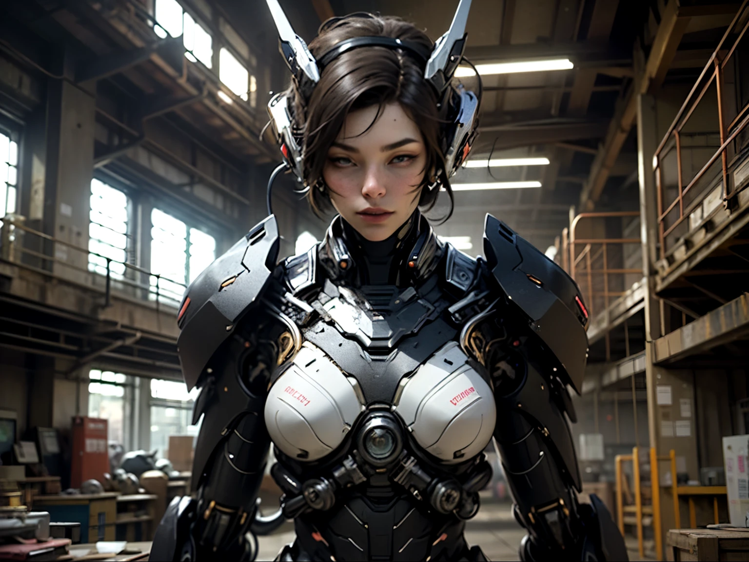 top quality, future world, A beautiful woman combined with a cutting-edge robot, Transformed into a cyborg except for the face and some parts, ig model, sexy images, Wires are connected to the back of the body, As sexy as possible, Partial exposure of chest and lower body, I can see my whole body, The place is indoors with a view of the outside.