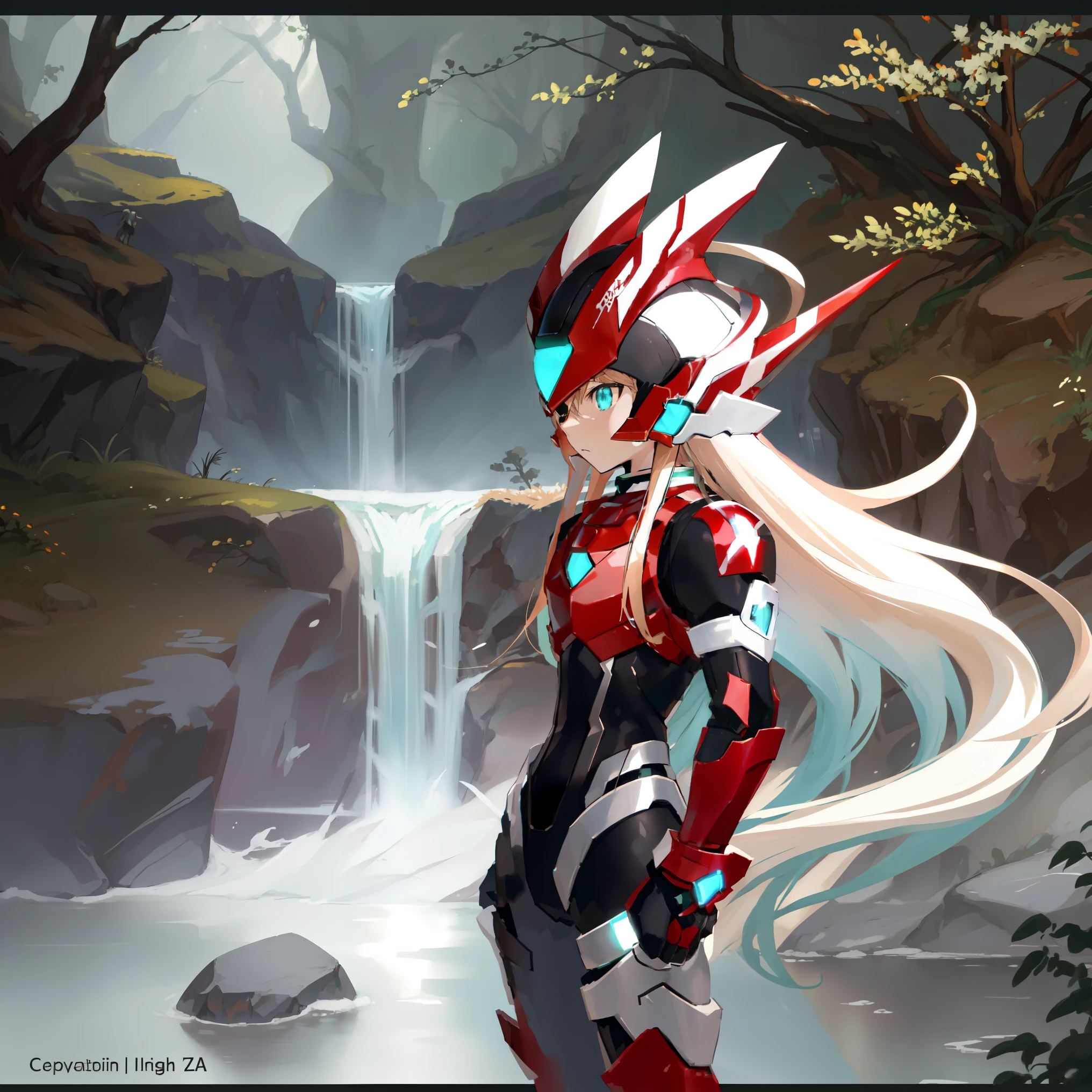 megzeromyth2023, 1boy, long white hair, red armor, green energy sword, high quality, masterpiece, in a dark forest looking out at a waterfall, in the style of ultra detailed, dark cyan and light bronze, eye-catching tags, physically based rendering, depictions of inclement weather, heavy shading, landscape inspirations