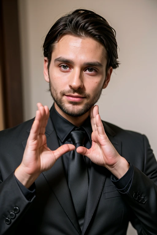 ((best quality:1)), ((masterpiece:1.2)), (detailed:1.2), perfect face, ((30 years old MAN standing in black suit and tie)), (smile:0.6), ((namaste mudra hand pose)), look at the viewer, 8k, realistic photo, movie photo, ultra realistic, 1 person, detailed, Perfect lighting, DSRL, professional photo, 4k