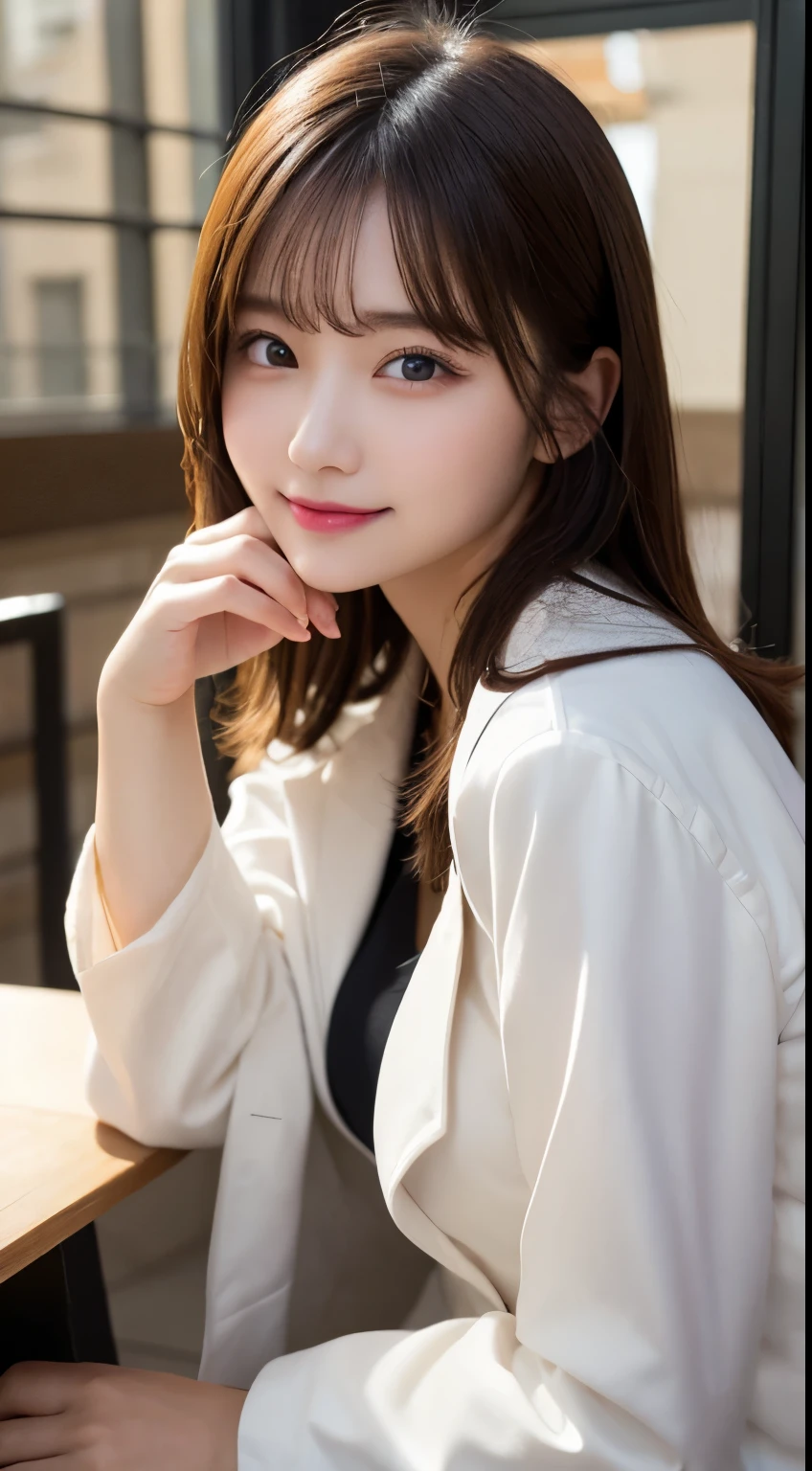 table top, highest quality, shape, Super detailed, finely, High resolution, 8k wallpaper, 完璧なダイナミックな構shape, beautiful and detailed eyes,ランダムなcute髪,,natural color lip, bold sexy pose,smile、20 year old girl、cute、sexy shot looking at camera,Always blur the background,perfect and beautiful face,Take only the face,Beautiful and dense face、slim face and style,Big eyes、Do gal makeup,small face,wear a spring trench coat、shot from below、smile,Inside Tokyo Station,blurred background,white blouse