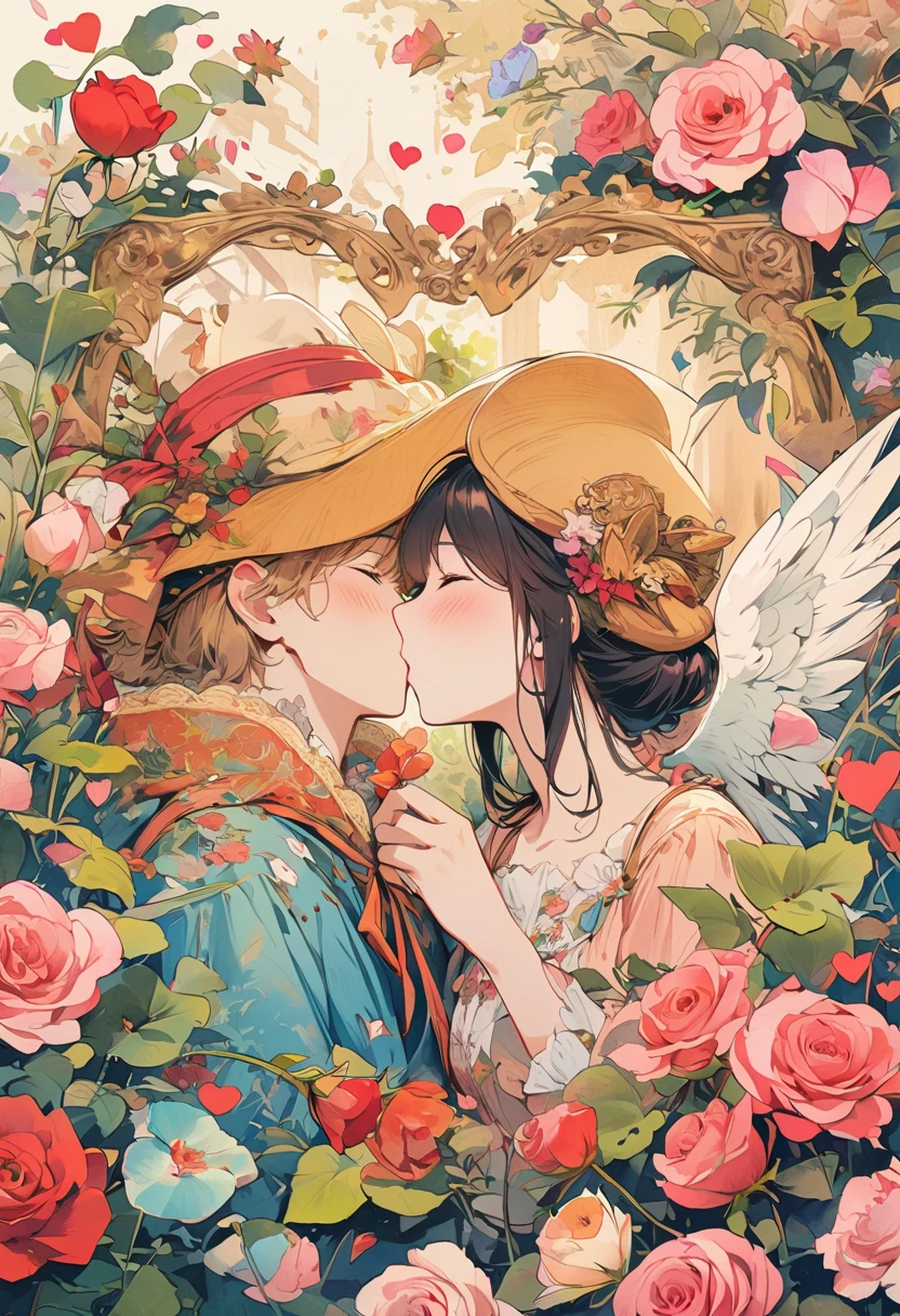 anime couple kissing in a garden with roses and a bird, peasant boy and girl first kiss, artwork in the style of guweiz, alphonse mucha and rossdraws, guweiz, korean art nouveau anime, kissing together cutely, a beautiful artwork illustration, lovely kiss, guweiz on pixiv artstation, beautiful anime artwork, official fanart