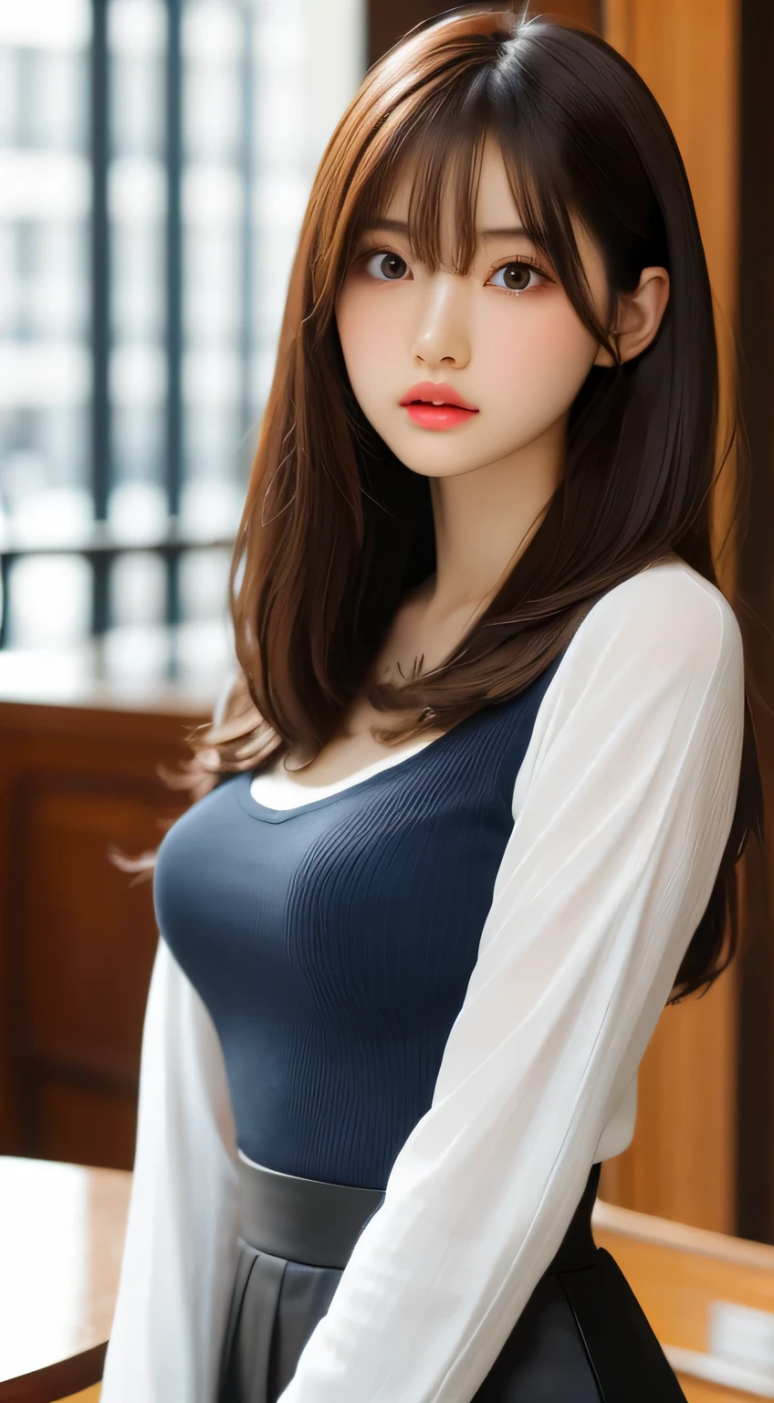 table top, highest quality, figure, Super detailed, finely, High resolution, 8k wallpaper, Perfect dynamic composition figure, detailed and beautiful eyes, oversized knit sweater(navy)And long skirt too,medium hair,small breasts natural color lip, bold sexy pose、20 year old girl、cute、sexy shot looking at camera,close-up of face,KPOP idol face