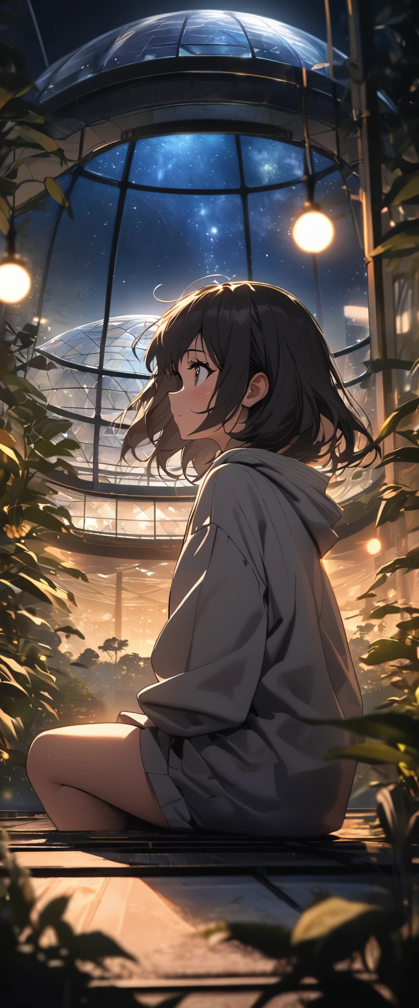 best quality, masterpiece, Very detailed, Detailed background, Japanese cartoons, 1 girl, young girl, short girl, science fiction, science fiction小说, outdoor, night, starry sky, greenhouse, megastructure, Biodome, landscape, Wind景, horizon, roof, sitting on roof, Wind, look away, mood lighting, focus only, close up, from the side, depth of field, Bokeh