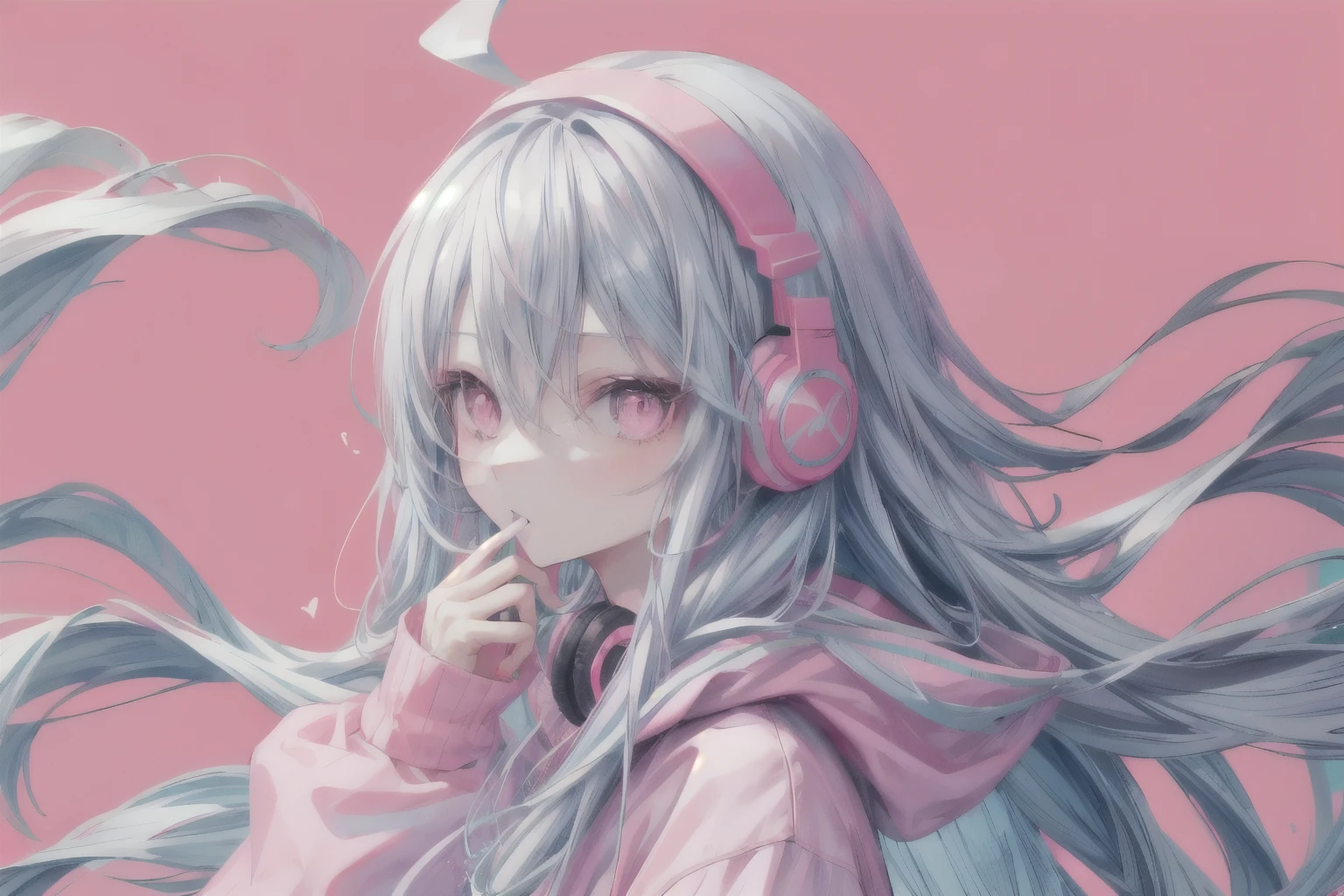 Long light blue hair,Pink and white sweatshirt,pink eyes,black headphones,Lollipop in mouth