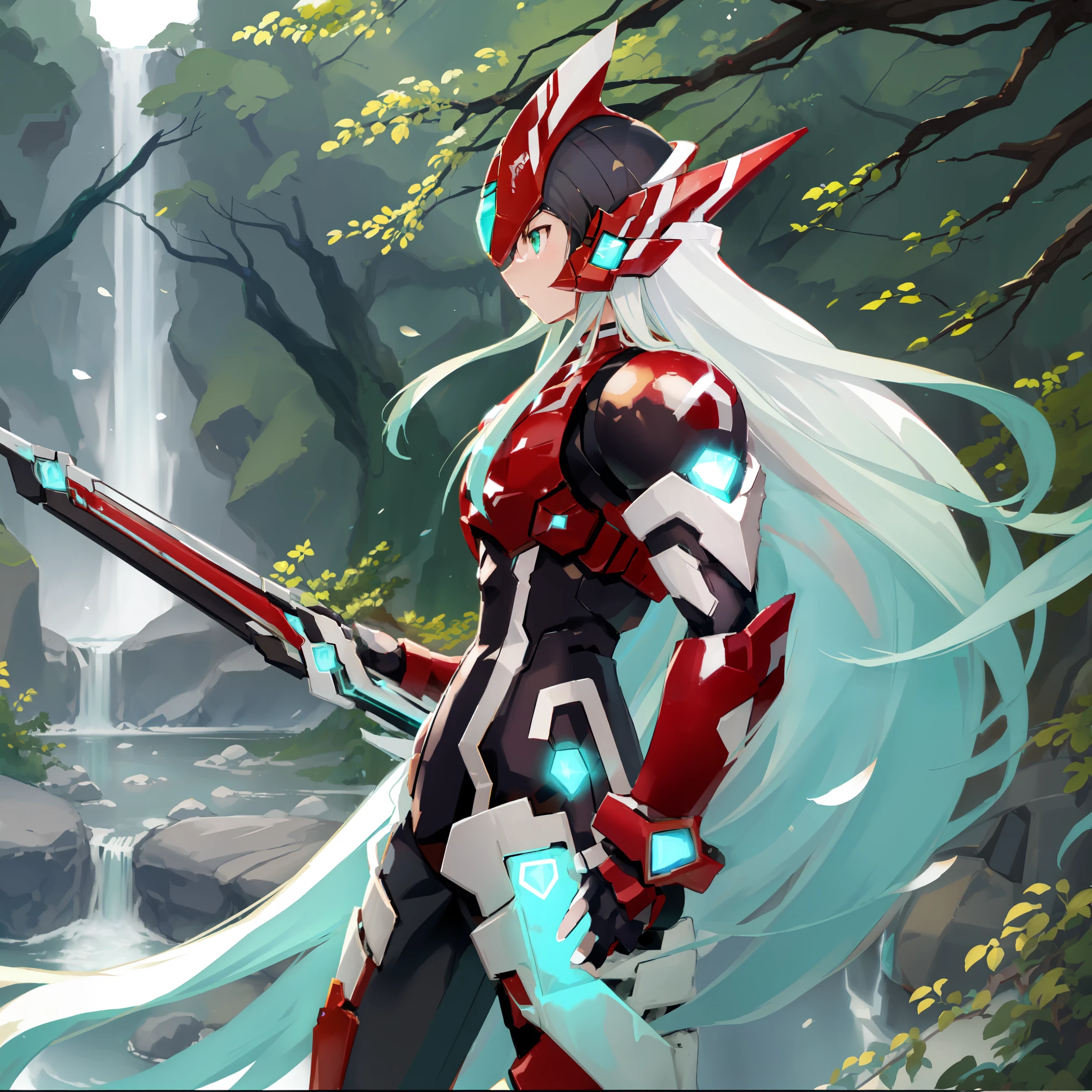 megzeromyth2023, 1boy, long white hair, red armor, green energy sword, high quality, masterpiece, in a dark forest looking out at a waterfall, in the style of ultra detailed, dark cyan and light bronze, eye-catching tags, physically based rendering, depictions of inclement weather, heavy shading, landscape inspirations