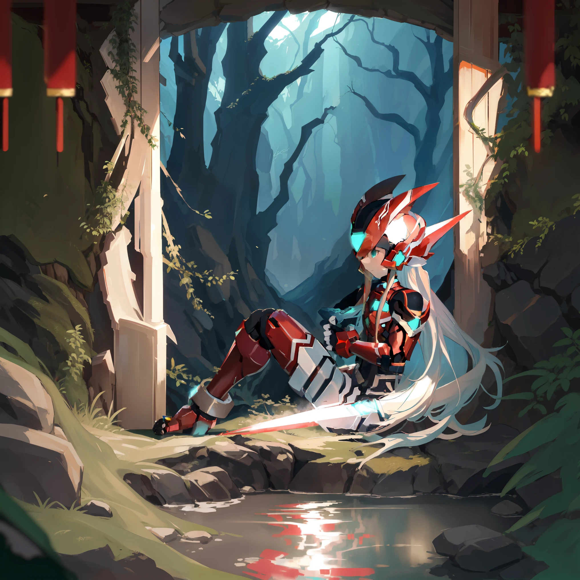 megzeromyth2023, 1boy, long white hair, red armor, green energy sword, high quality, masterpiece, in a dark forest looking out at a waterfall, in the style of ultra detailed, dark cyan and light bronze, eye-catching tags, physically based rendering, depictions of inclement weather, heavy shading, landscape inspirations