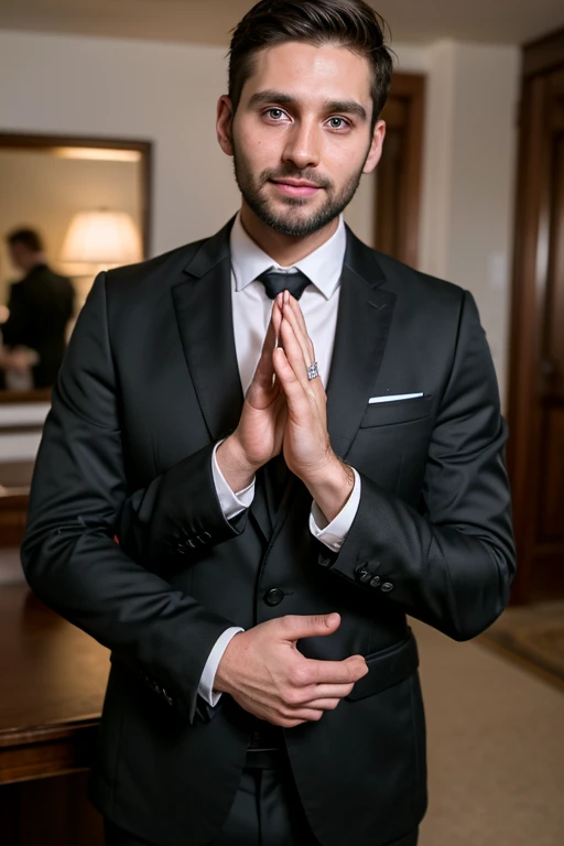 ((best quality:1)), ((masterpiece:1.2)), (detailed:1.2), perfect face, ((30 years old MAN standing in black suit and tie)), (smile:0.8), ((namaste mudra hand gesture)), look at the viewer, 8k, realistic photo, movie photo, ultra realistic, 1 person, detailed, Perfect lighting, DSRL, professional photo, 4k