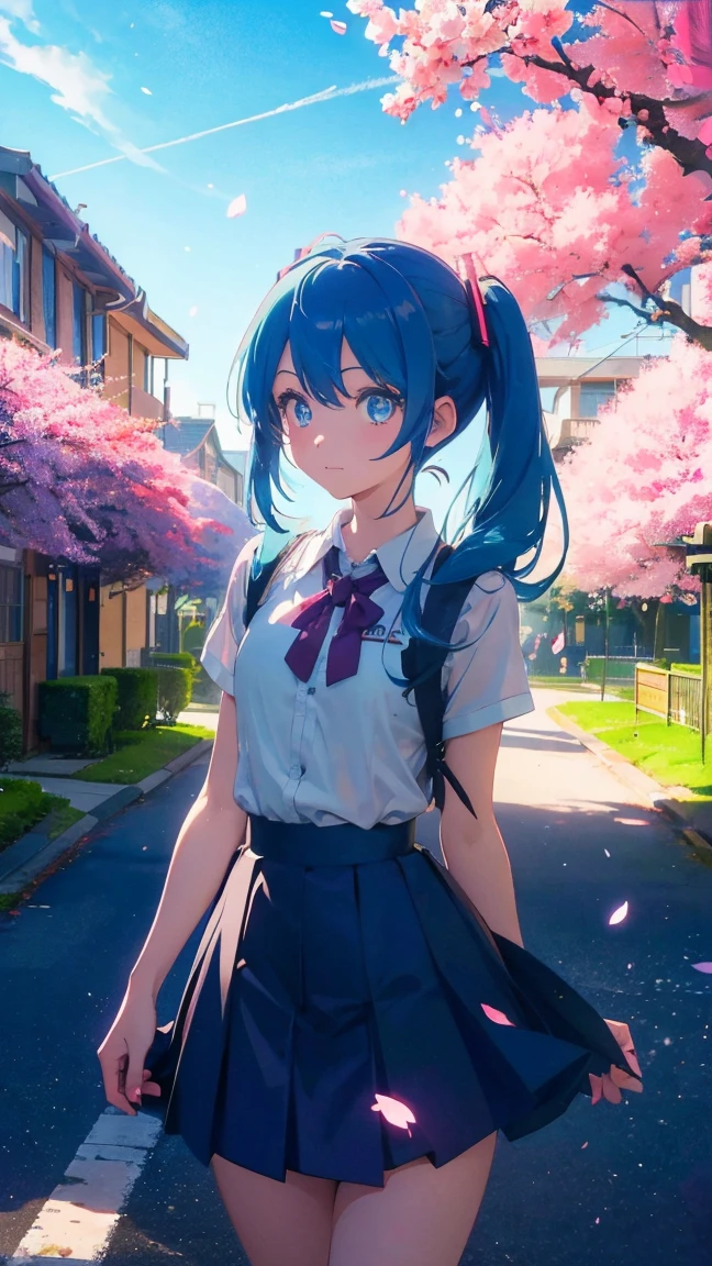 1 anime girl, alone,Black petals flutter, A mysteriously shining butterfly.city,Hatsune Miku,bright blue hair,bright blue jewel eyes,twin tails,thin legs,very clear,highest quality,close up of face,Many cherry blossoms dance in the sky,beautiful blue sky,School,school building,standing in the middle,scenic center