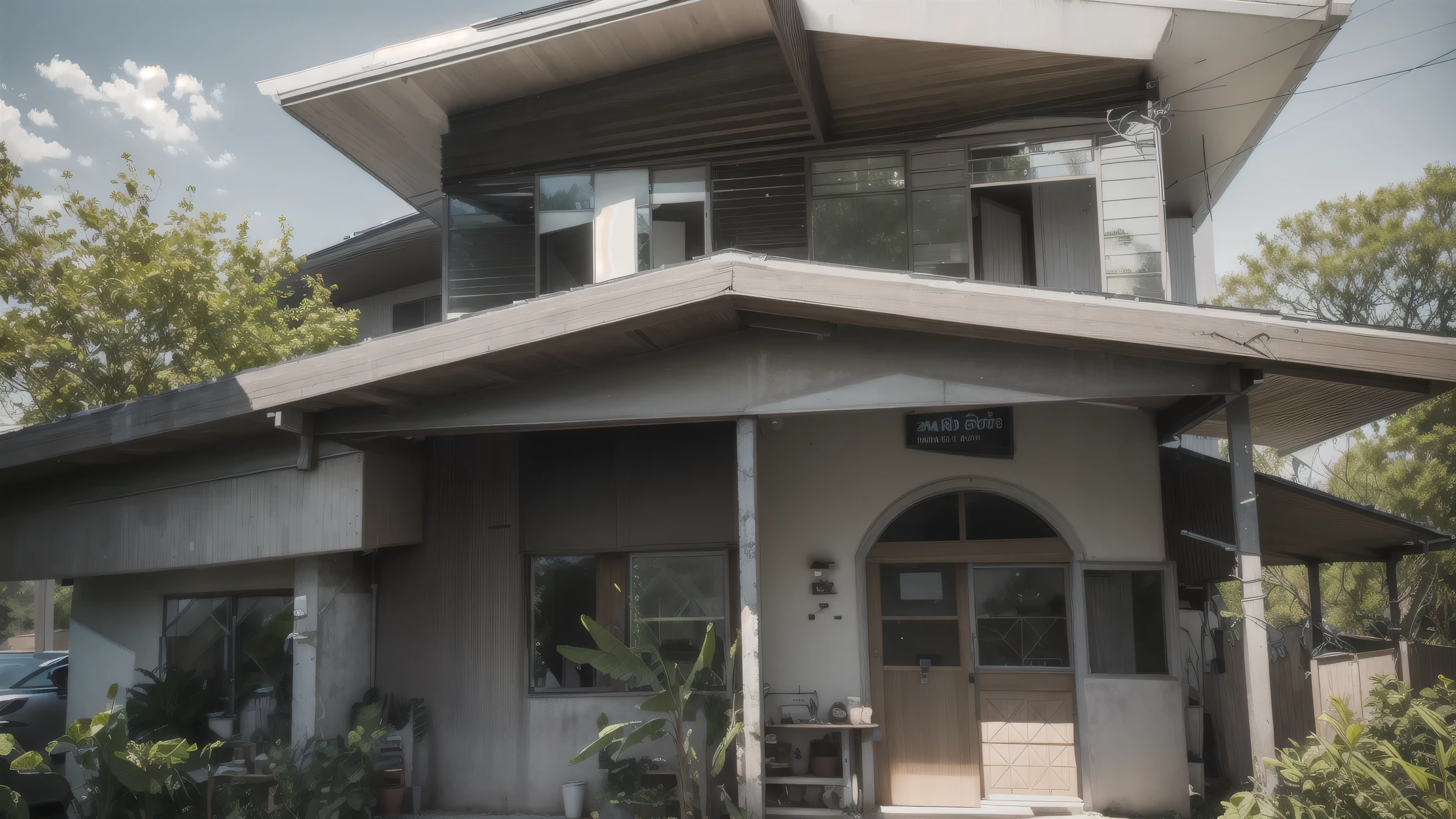 color photo of a modern and minimalist grey-colored Midcentury home. The house exudes an elegant and sophisticated vibe with its sleek lines, clean design, and neutral color palette. The exterior of the home is painted in a beautiful shade of grey, which perfectly complements the surrounding landscape. Large windows allow an abundance of natural light to flood the interior, creating a bright and airy atmosphere. The architectural details, such as the flat roof, angular shapes, and minimalistic landscaping, add to the overall contemporary aesthetic of the house. This grey Midcentury home stands as a timeless masterpiece, blending seamlessly with its surroundings