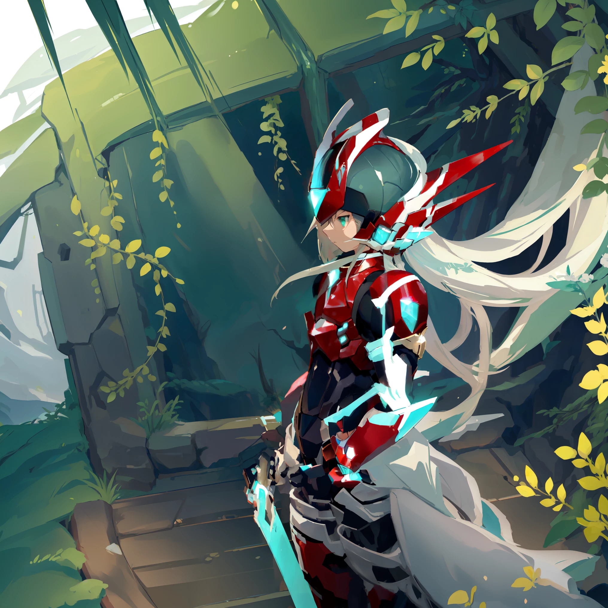 megzeromyth2023, 1boy, long white hair, red armor, green energy sword, high quality, masterpiece, in a dark forest looking out at a waterfall, in the style of ultra detailed, dark cyan and light bronze, eye-catching tags, physically based rendering, depictions of inclement weather, heavy shading, landscape inspirations