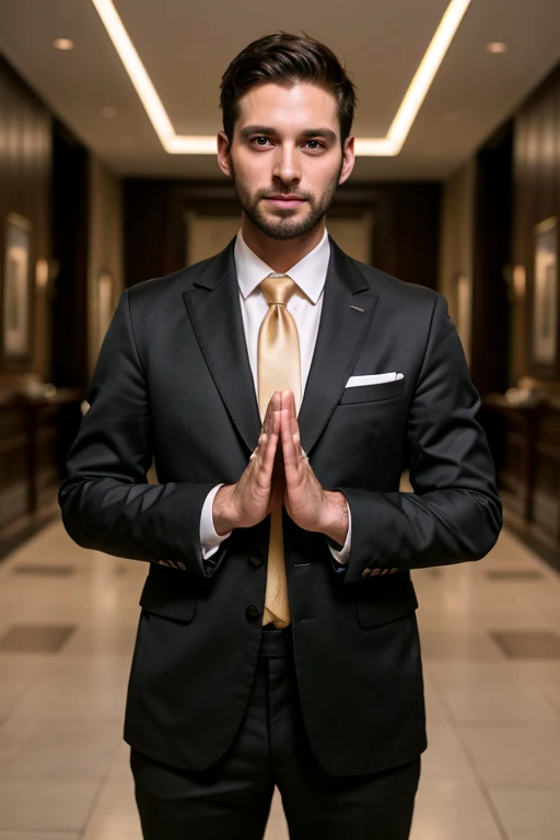 ((best quality:1)), ((masterpiece:1.2)), (detailed:1.2), perfect face, ((30 years old MAN standing in black suit and tie)), (smile:0.8), ((namaste mudra hand gesture)), look at the viewer, 8k, realistic photo, movie photo, ultra realistic, 1 person, detailed, Perfect lighting, DSRL, professional photo, 4k