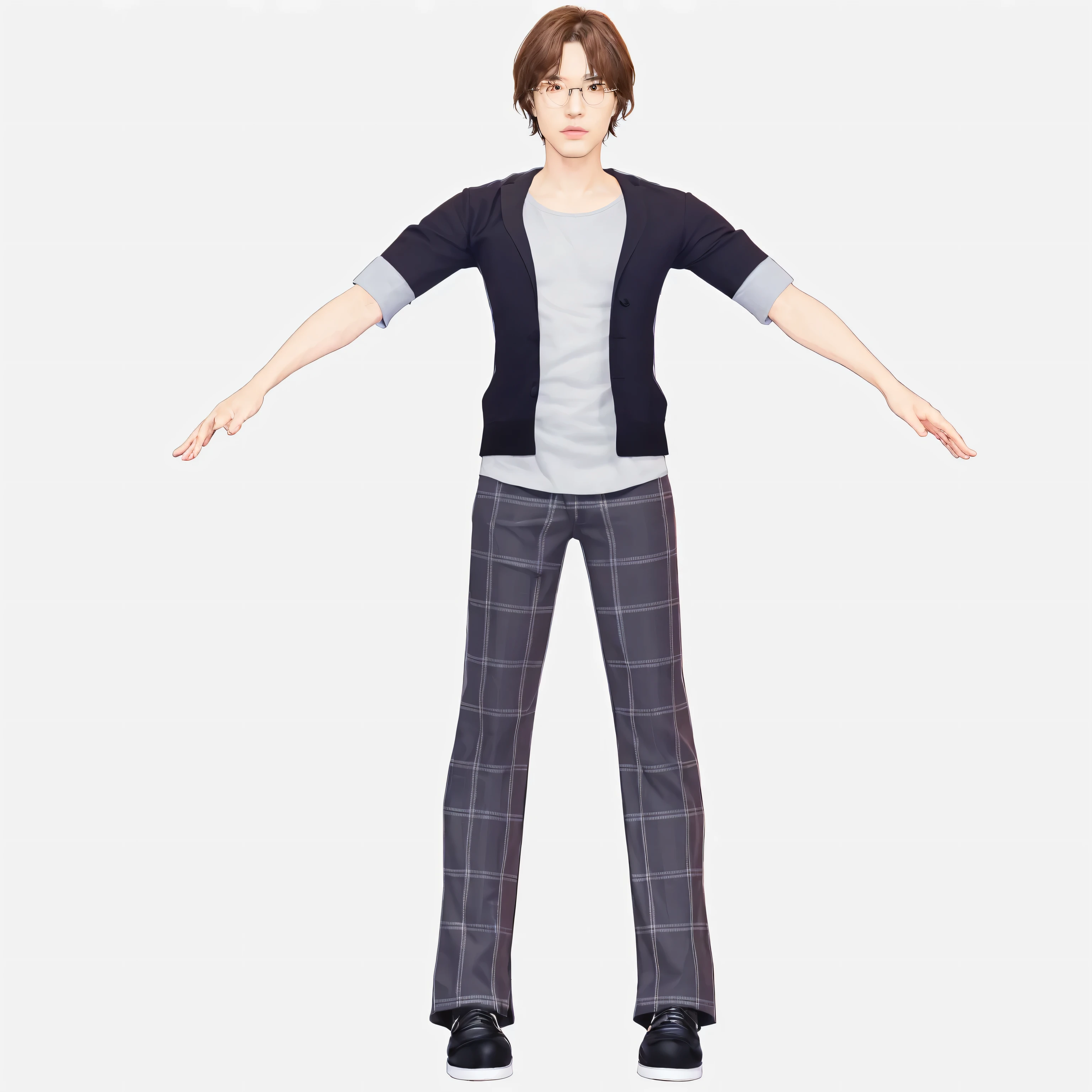 (best quality,4k,8k,highres,masterpiece:1.2),ultra-detailed,(realistic,photorealistic,photo-realistic:1.37),Young Japanese Man with short brown hair, glasses, and a dark jacket layered over a crisp white shirt, complemented by a stylish pair of plaid pants. The man exudes an air of sophistication and confidence as he stands tall in the bustling cityscape. The intricate details of his brown hair and the reflection in his glasses add depth and life to the composition. The dark jacket, meticulously rendered, creates a stark contrast against the brightness of the shirt, emphasizing the man's sartorial elegance. The plaid pants, with their vibrant colors and precise lines, add a touch of playfulness to his ensemble. The city serves as the backdrop, with its towering skyscrapers and bustling streets, capturing the energy and vibrancy of urban life. The lighting casts soft shadows and highlights, creating a sense of depth and dimension. The overall color palette is warm and inviting, with a hint of urban coolness. The realism of the artwork transports the viewer into the scene, allowing them to appreciate the man's impeccable style and the dynamic cityscape in exquisite detail.