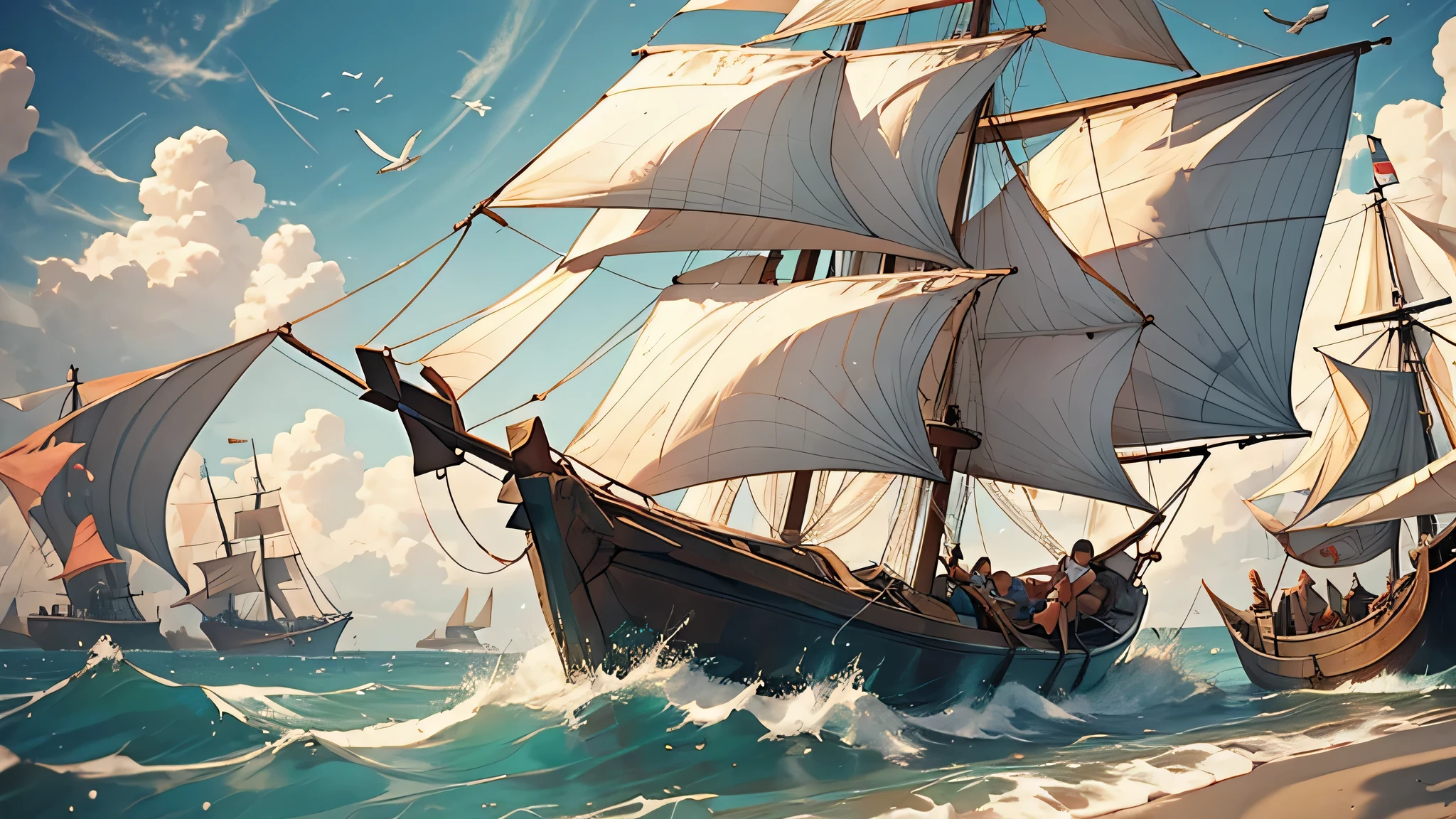 A young, rugged sailor in his twenties, casting a weathered net into a mystical sea, set in a medieval fantasy world, sail with fisherman ship