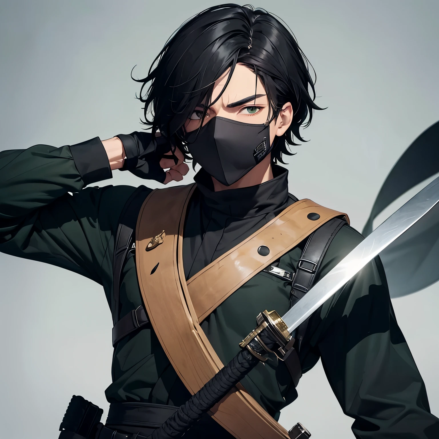 A man of 35, black hair and thrown back and a balaclava covering his face, he dresses like a soldier but in fact he is a skilled warrior with two katanas with shiny blades, his hair is black and is thrown back, he wears soldier clothes with the colors green and grey, jungkook face