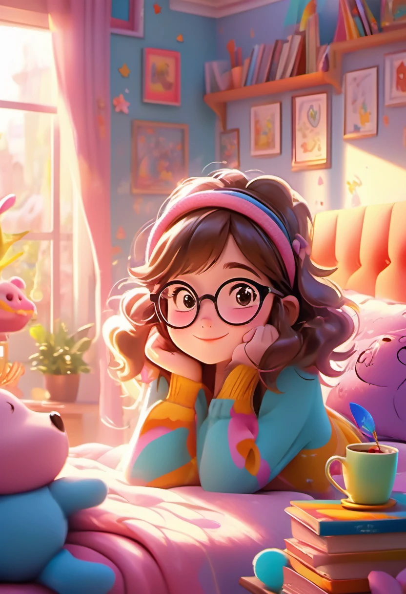 best quality, masterpiece, ultra-detailed, cute and charming, dynamic and playful, illustration, 1 girl, solo, long brown hair, cute glasses, Pixar style cartoon, cute room, pink furniture, pink nightstands, pink lamps, dream girl posters, bookshelves full of books, Disney-inspired character designs, dynamic composition, colorful animation stills, soft lighting, warm and inviting atmosphere, fun and whimsical, adorable, vibrant color palette, cheerful expression, lively atmosphere, bright and cheerful background, cozy bedroom setting, comfortable and inviting, custom stuffed animals on the bed, bookworm theme, dreamy and imaginative, lots of details in the room, playful and energetic pose, engaging facial expression, cheerful atmosphere, sunlight streaming through the window, magical and dreamlike ambiance, filled with warmth and happiness, nostalgic and heartwarming