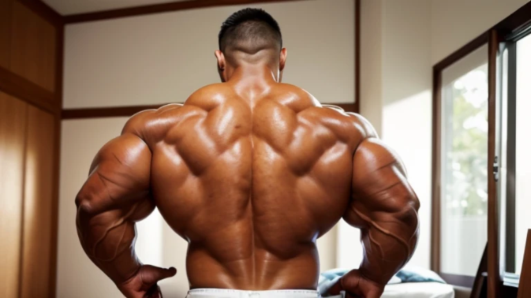 (back view:1.4), fat face, (inside bedroom:1.2), Japanese man, Chinese man, Korean man, Taiwanese man, manly face, (round face:1.4), (monolid eyes:1.2), (buzz cut:1.4), very large and strong body, bulky body, beefy muscles (bulging muscles:1.4), (very large pectoral muscles:1.4), (muscular arms:1.4), muscular abs, muscular legs, muscular back, brightens oily skin, master piece, realistic, panorama, distant view