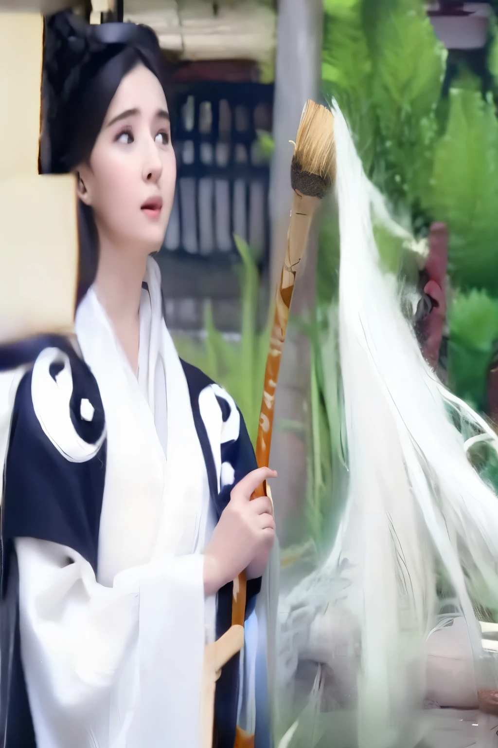 arafed woman in traditional dress holding a long stick with a white feather, white hanfu, white daoist robes, mahira khan as a mage, palace ， a girl in hanfu, hanfu, flowing white robes, flowing hair and long robes, mahira khan as a d&d wizard, taoist robe, long flowing white robe