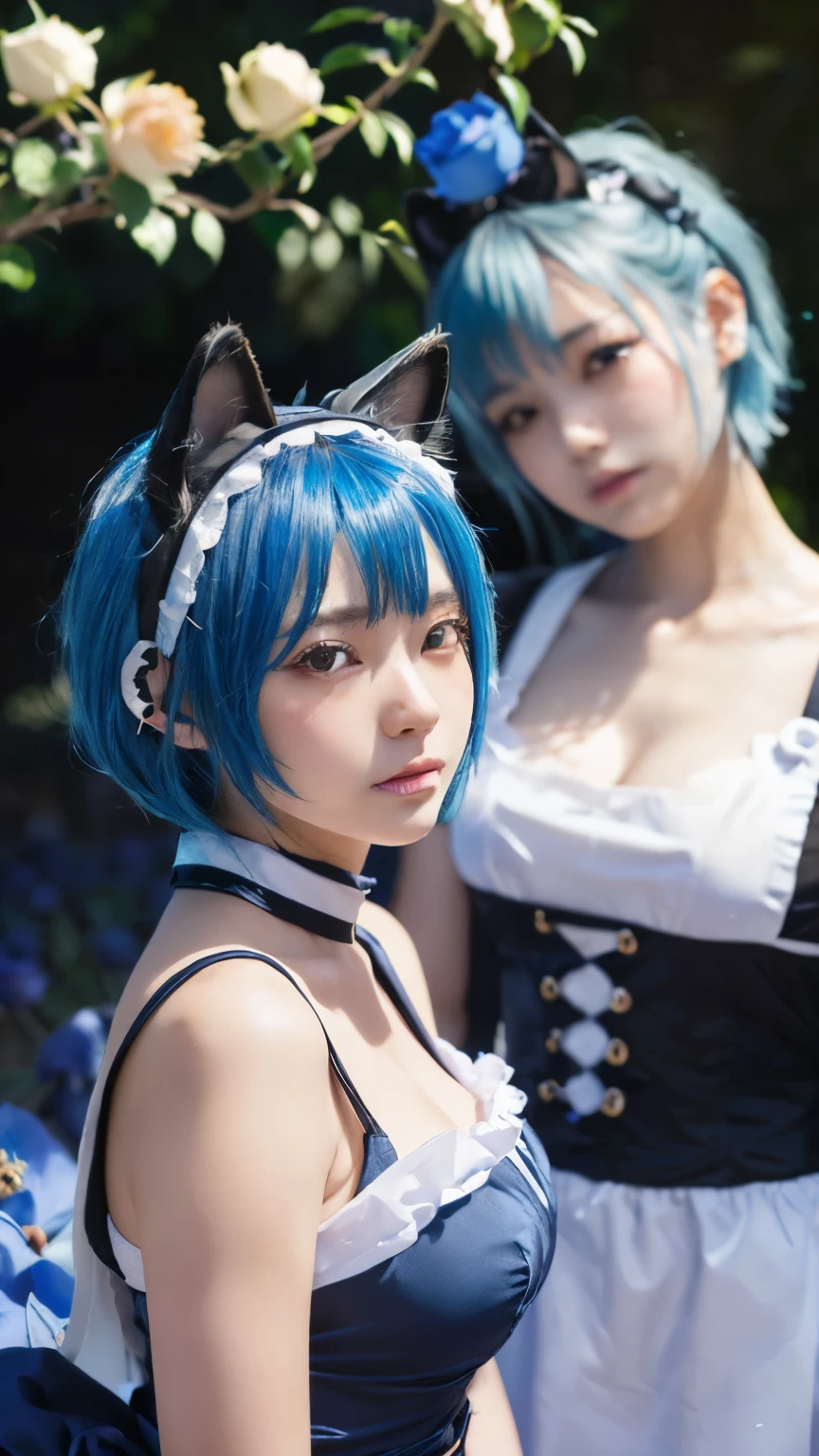(Emo art:1.6), masterpiece, 4k, Bokeh, high school girls, (Multiple girls:1.6), (Group photo:1.5), beautiful face, (Cat ears:1.3), (Blue bob hair:1.6) , (Japanese idol:1.6), Blushed face, (Blue maid costume :1.4), looking at the viewer, closeup,
(Blue background :1.4), (Blue rose garden:1.6)
