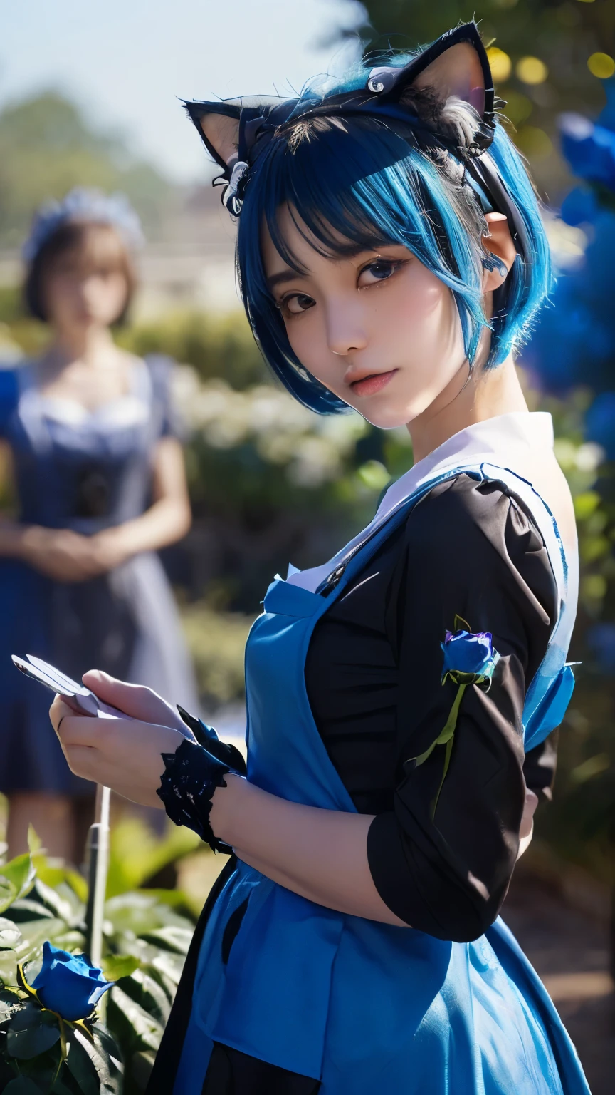 (Emo art:1.6), masterpiece, 4k, Bokeh, high school girls, (Multiple girls:1.6), (Group photo:1.5), beautiful face, (Cat ears:1.3), (Blue bob hair:1.6) , (Japanese idol:1.6), Blushed face, (Blue maid costume :1.4), looking at the viewer, closeup,
(Blue background :1.4), (Blue rose garden:1.6)