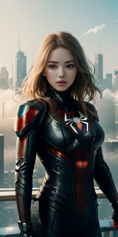 (1girl:1.3), Solo, (((Very detailed face)))), ((Very detailed eyes and face)))), Official art, Unified 8k wallpaper, Super detailed, masterpiece, best quality, original, masterpiece, super fine photo, best quality, super high resolution, realistic realism, sunlight, full body portrait, amazing , dynamic pose, delicate face, vibran, (from the front),  he wears Spider-Man armored advanced futuristic suit , red and black color scheme, spider, very detailed city roof background, rooftop, overlooking the city, detailed face, detailed complex busy background, messy, gorgeous, milky white, highly detailed skin, realistic details, visible pores, clear focus, volumetric fog, 8k uhd, DSLR, high quality, film grain, fair skin, photo realism, lomography, futuristic dystopian megalopolis, translucent