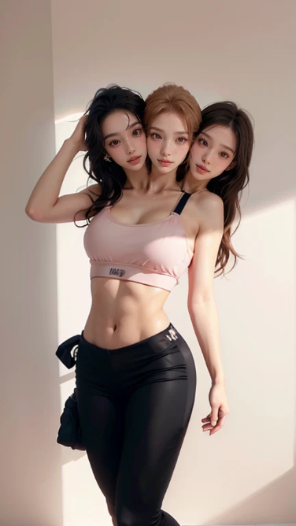 a woman in a pink top and leggings posing for a picture, inverted body type, beautiful woman body, short flat hourglass slim figure, beautiful shape of face and body, big wide broad strong physique |, model standing pose, standing athletic pose, perfect symmetrica body shape, fit curvy physique, two piece workout tight clothes, woman body, hourglass slim figure
