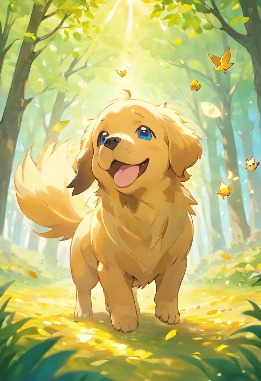 A moving ultra-high definition 3D scene showing a Golden Retriever, With Pokémon making a wish next to a peaceful forest. lindamente renderizado em detalhes, is seen blowing leaves gently in the air, each carrying a hopeful desire, criando um sonhador, magic effect. The general atmosphere is tender, full of hope and serenity