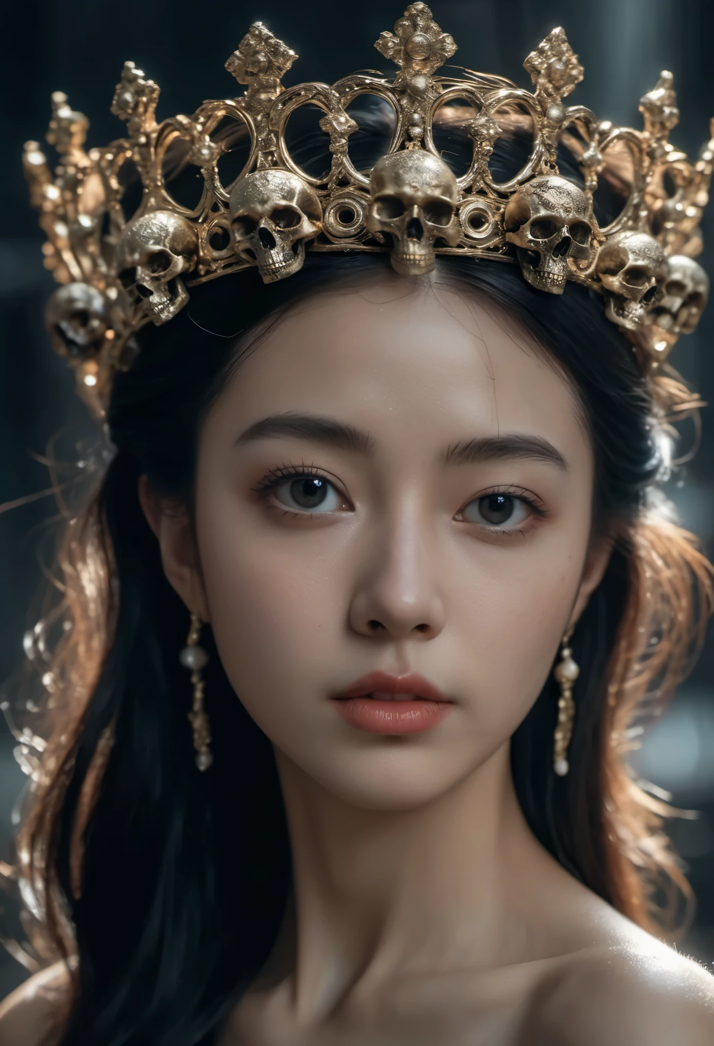 xxmix_girl,Crown of large and small skulls (intricate detail), (super detailed), 8k hdr, high detail, lots of detail, high quality, soft cinematic lighting, dramatic atmosphere, atmospheric perspective