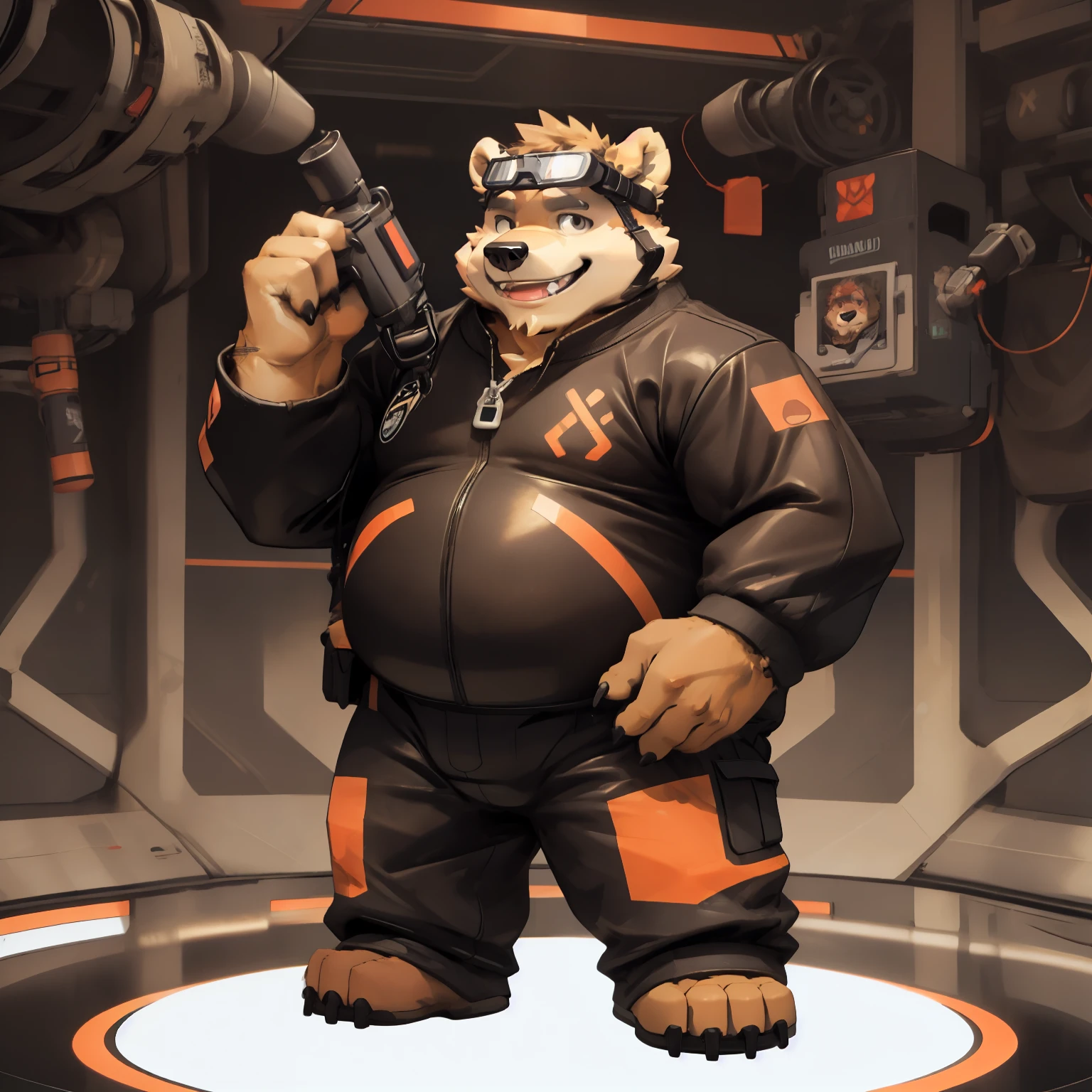 Solo, male, bear, bulge, detailed bulge, detailed crotch, muscular, big, strong, powerful, thick, wide, slightly chubby, large pecs, brown fur, brown body, fangs, teeth, angry, steam, sweaty, sweat, black nose, green eyes, detailed eyes, detailed hands, brown hair, hair covering eye, medium hair, by chunie, by darkgem, by glitter trap boy, spaceship, space, window, glowing eyes, blood on the wall, standing, red spacesuit, holding sci-fi rifle