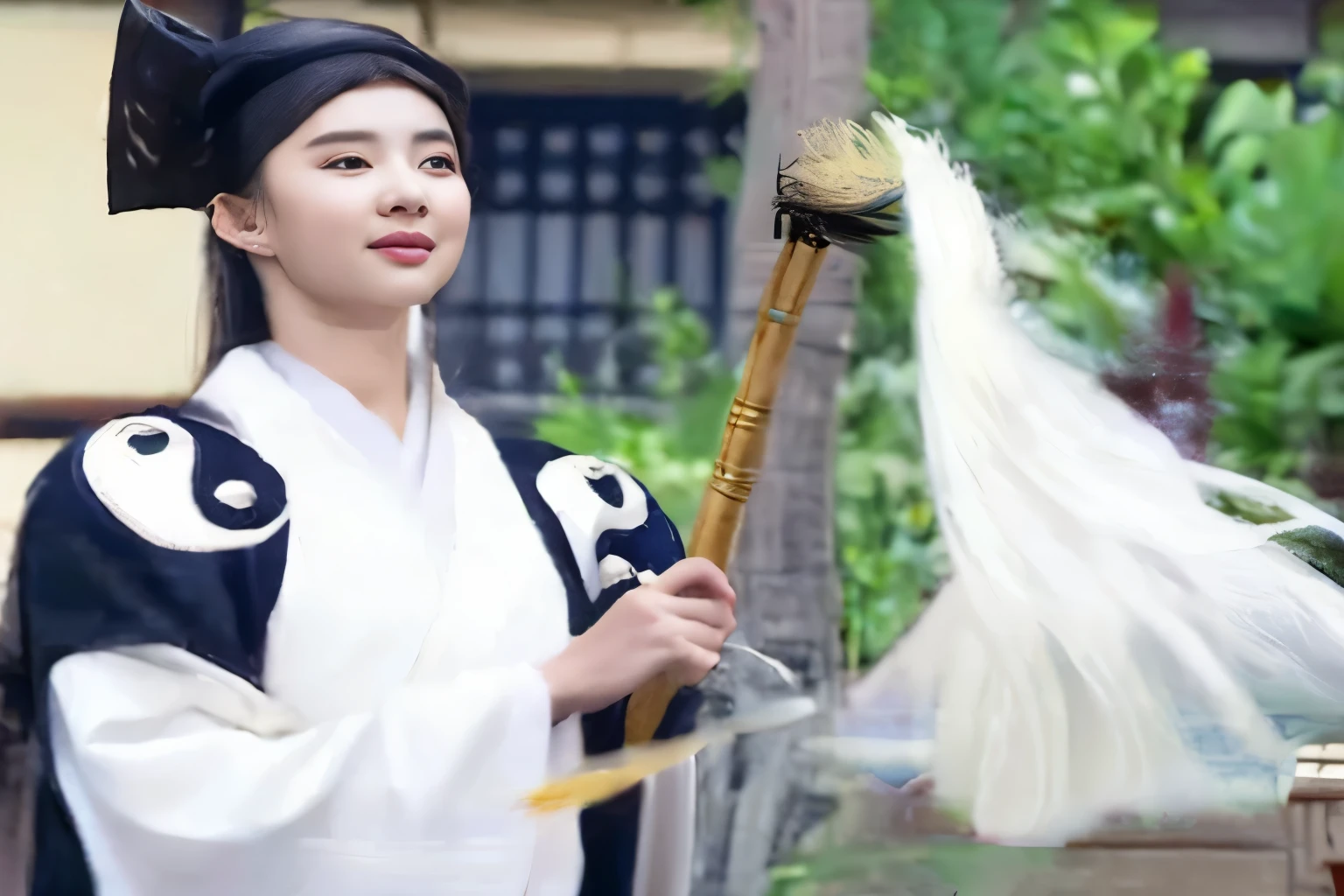 arafed woman in traditional dress holding a long stick with a white feather, white hanfu, white daoist robes, mahira khan as a mage, palace ， a girl in hanfu, hanfu, flowing white robes, flowing hair and long robes, mahira khan as a d&d wizard, taoist robe, long flowing white robe