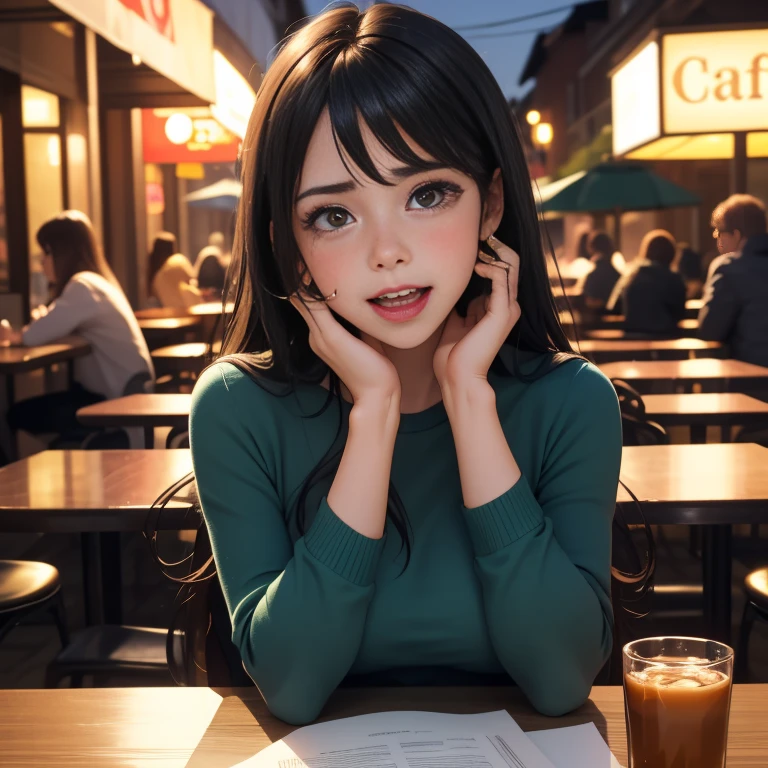 A cute girl sobbing because she just got dumped by her boyfriend. tears on cheeks. full body shot. sitting at a cafe. big breasts, long green hair.