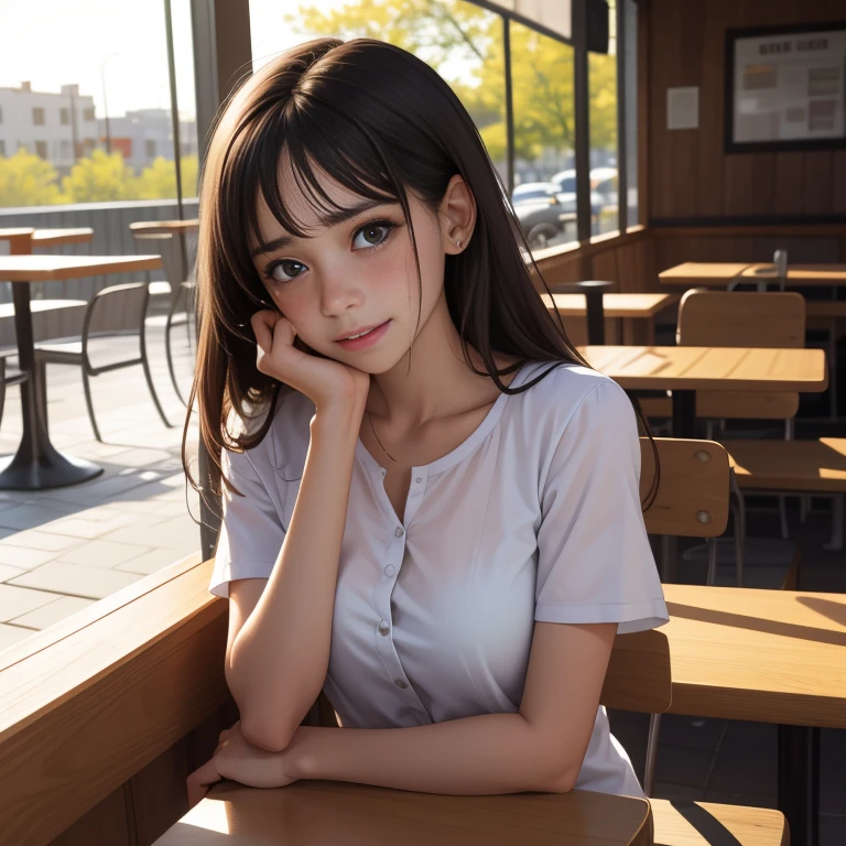 A cute girl sobbing because she just got dumped by her boyfriend. tears on cheeks. full body shot. sitting at a cafe. big breasts, long green hair.