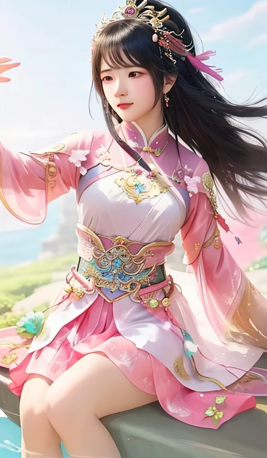 a close up of a woman in a pink dress sitting on a rock, inspired by Du Qiong, inspired by Lan Ying, inspired by Li Mei-shu, inspired by Ju Lian, ((a beautiful fantasy empress)), ruan jia and artgerm, inspired by Pu Hua, bian lian, range murata and artgerm, artgerm and ruan jia