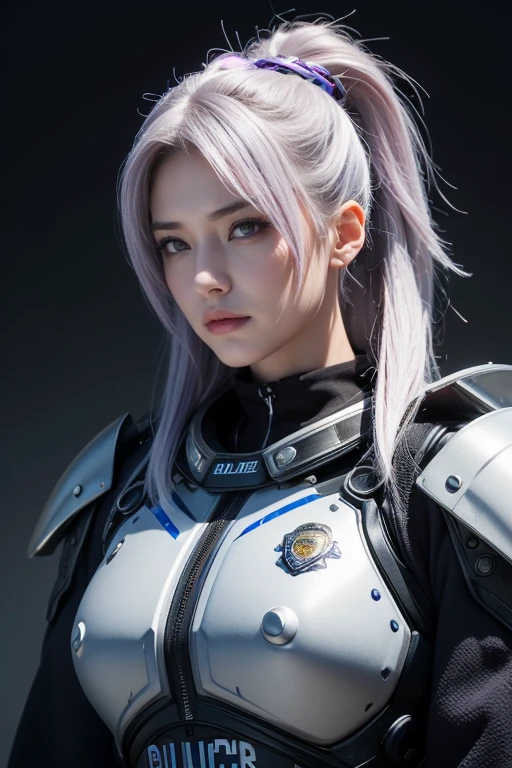 Samurai,high high quality,A high resolution,masterpiece,8K,(Hyperrealistic photos),(Portrait),digital photography,(Realism:1.4),20 year old girl,exquisite facial features,a purple eye,Red Eyeshadow,((Cyberpunk-style police officer)),Random hairstyles,(white color hair),Big breasts,(Sci-fi and realistic police uniforms,Combat uniforms,Openwork design,power armour,Metal shoulder pads,complex clothing patterns,Exquisite police badge),Keep your mouth shut,Frowning,ssmile,Cold and serious,extremely detailed expression,realistic detail,Light magic,Photo pose,oc render reflection texture