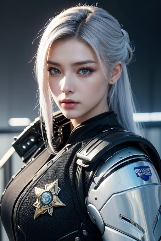 Samurai,high high quality,A high resolution,masterpiece,8K,(Hyperrealistic photos),(Portrait),digital photography,(Realism:1.4),20 year old girl,exquisite facial features,a purple eye,Red Eyeshadow,((Cyberpunk-style police officer)),Random hairstyles,(white color hair),Big breasts,(Sci-fi and realistic police uniforms,Combat uniforms,Openwork design,power armour,Metal shoulder pads,complex clothing patterns,Exquisite police badge),Keep your mouth shut,Frowning,ssmile,Cold and serious,extremely detailed expression,realistic detail,Light magic,Photo pose,oc render reflection texture