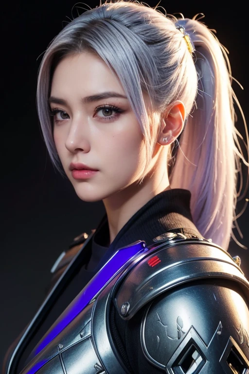 Samurai,high high quality,A high resolution,masterpiece,8K,(Hyperrealistic photos),(Portrait),digital photography,(Realism:1.4),20 year old girl,exquisite facial features,a purple eye,Red Eyeshadow,((Cyberpunk-style police officer)),Random hairstyles,(white color hair),Big breasts,(Sci-fi and realistic police uniforms,Combat uniforms,Openwork design,power armour,Metal shoulder pads,complex clothing patterns,Exquisite police badge),Keep your mouth shut,Frowning,ssmile,Cold and serious,extremely detailed expression,realistic detail,Light magic,Photo pose,oc render reflection texture