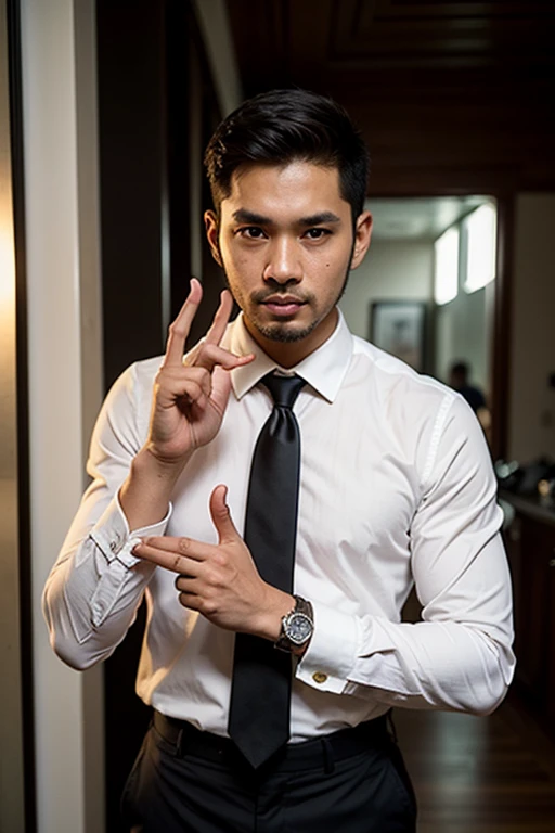 ((best quality:1)), ((masterpiece:1.2)), (detailed:1.2), perfect face, ((30 years old indonesian gentlemen standing in black suit and tie)), (smile:0.8), ((namaste mudra hand gesture)), look at the viewer, 8k, realistic photo, movie photo, ultra realistic, 1 person, detailed, Perfect lighting, DSRL, professional photo, 4k