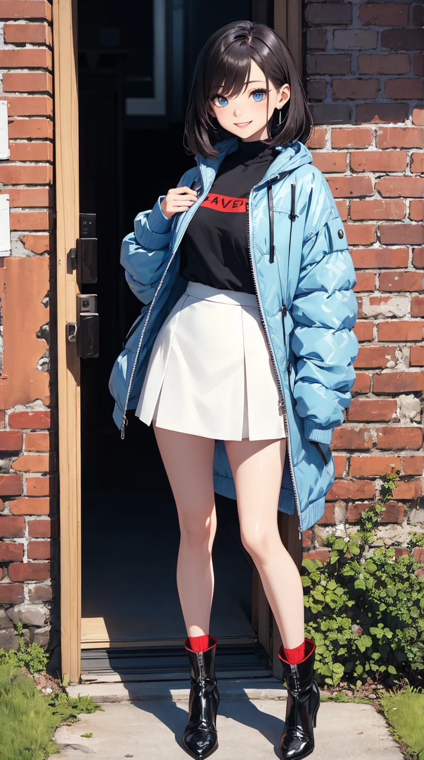 masterpiece,8k,high quality,full body:1.7,clean blue eyes,open red mouth,red tiek,happy smile,biggest large brest,tight west,very sparking clothes,there is a woman standing in front of a wall wearing a gray jacket and black boots, transparent gray skirts, grey skirt, short puffy pants made of silk, wearing skirt, thin-waist, wearing white skirt, mini-skirt, hip skirt wings, short skirt, waist - shot, short puffy pants, pale blue outfit, wide skirts, short skirt length
