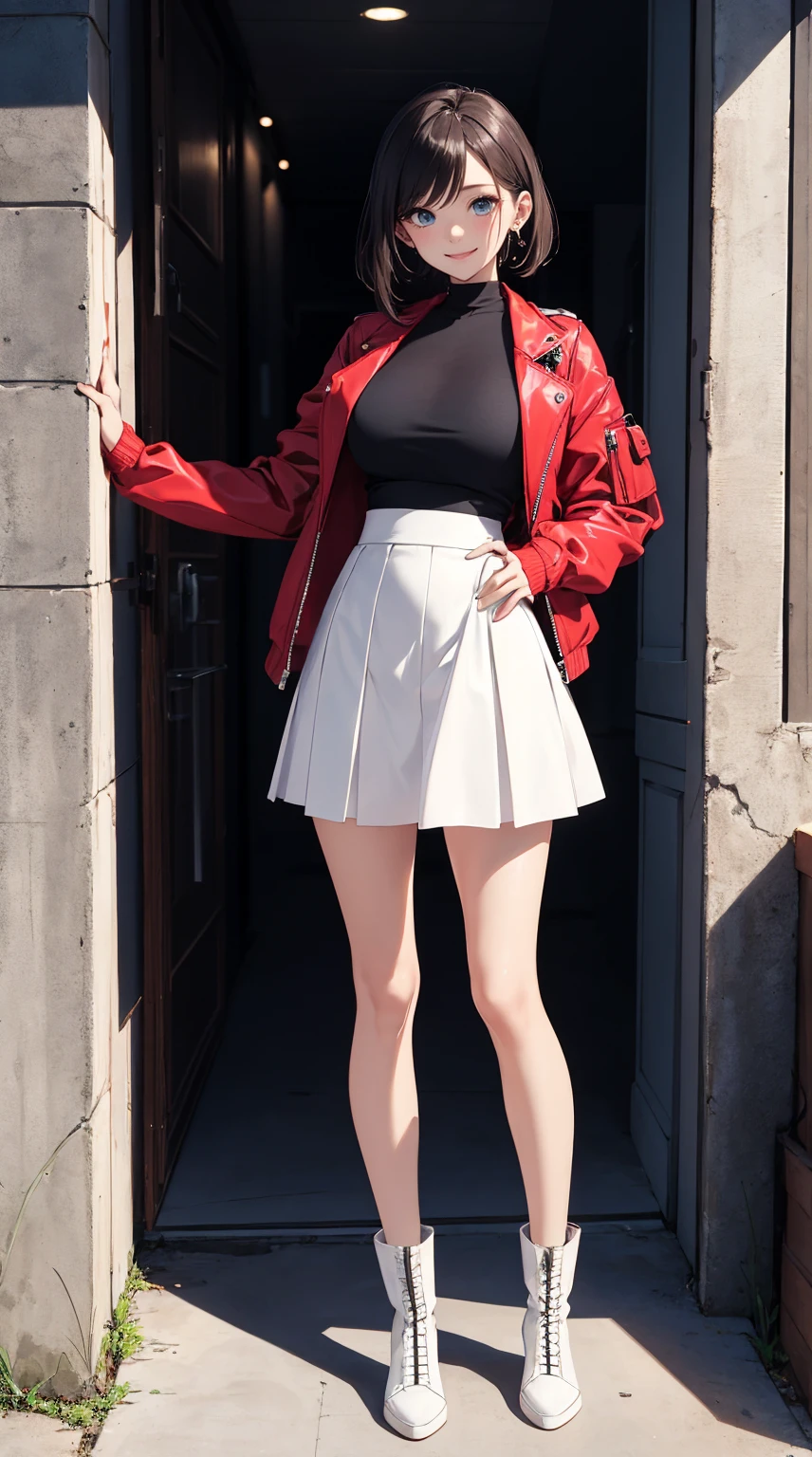 masterpiece,8k,high quality,full body:1.7,clean blue eyes,open red mouth,red tiek,happy smile,biggest large brest,tight west,very sparking clothes,there is a woman standing in front of a wall wearing a gray jacket and black boots, transparent gray skirts, grey skirt, short puffy pants made of silk, wearing skirt, thin-waist, wearing white skirt, mini-skirt, hip skirt wings, short skirt, waist - shot, short puffy pants, pale blue outfit, wide skirts, short skirt length